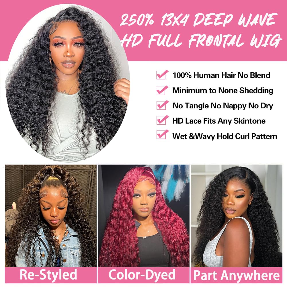 250 Density HD Lace Front Wigs 100% Human Hair 30 Inch Deep Wave Lace Front Wigs - Pre Plucked Curly Wet & Wavy Frontal Wigs for Women | Natural Look for Daily Wear, Parties & Special Occasions