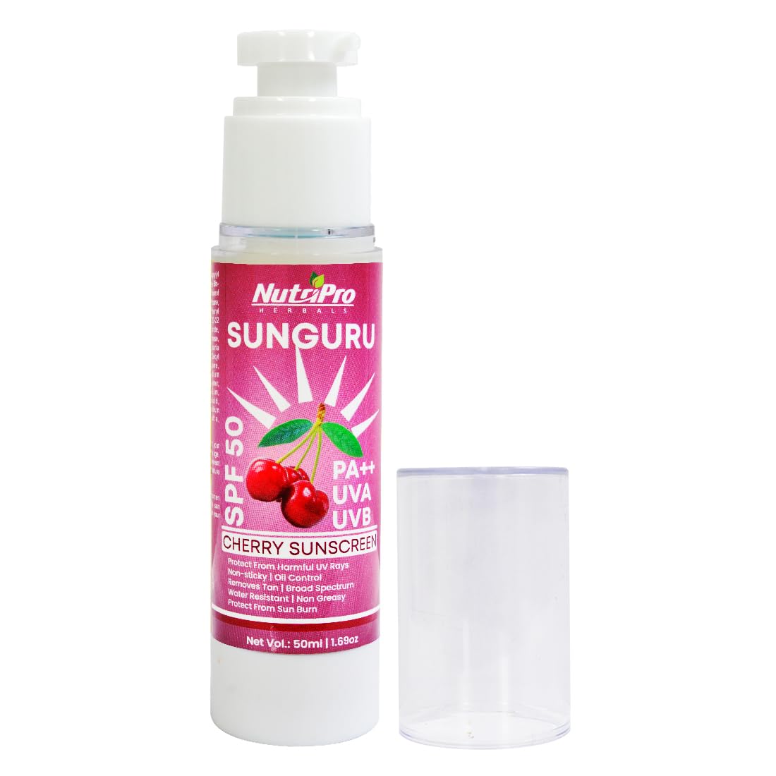 NutriPro Cherry Sunscreen SPF 50 PA++ - 50ml Lightweight Face Sunscreen with Multi-Vitamins - No White Cast, Anti-Tanning, Oil Control & Broad Spectrum Protection for Women & Men - Perfect for Daily Use, Outdoor Activities & Beach Trips