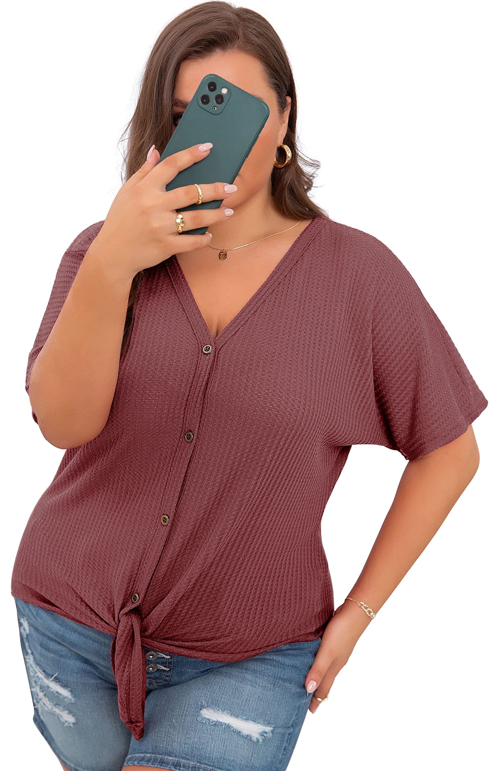 OLRIK Women's Plus Size Short Sleeve V-Neck Waffle Knit Tunic Blouse - Tie Front Button Up Casual T-Shirt for Work, Date Night & Everyday Wear