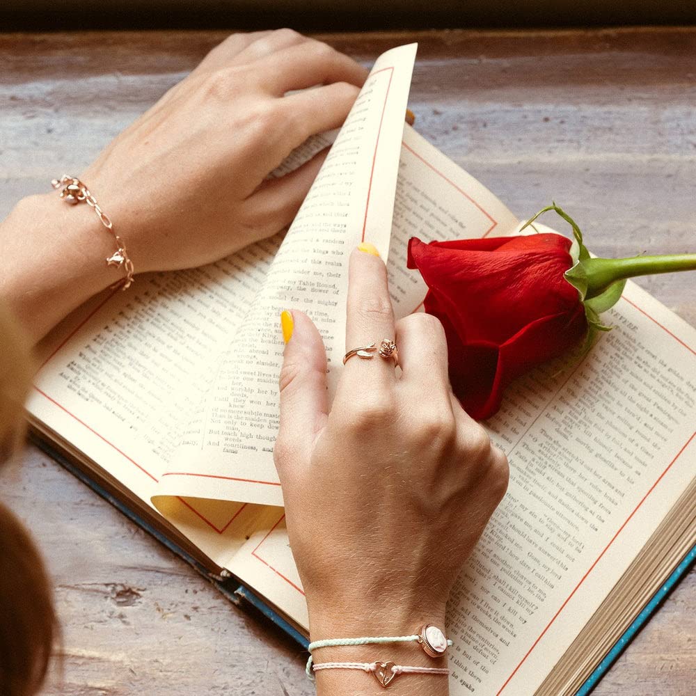 Pura Vida Rose Gold-Plated Disney Belle Rose Open Ring with Rosebud Charm - Brass Base - Size 5-9 - Perfect for Disney Fans, Cosplay & Everyday Wear
