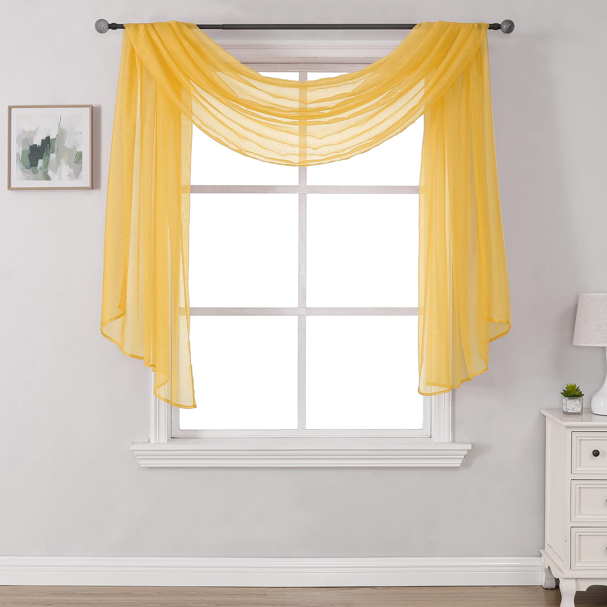 Donren Amber Yellow Sheer Curtains - Semi Voile Scarf Valance for Windows (52x144 Inches) | Elegant Home Decor for Living Room, Bedroom & Wedding Decorations