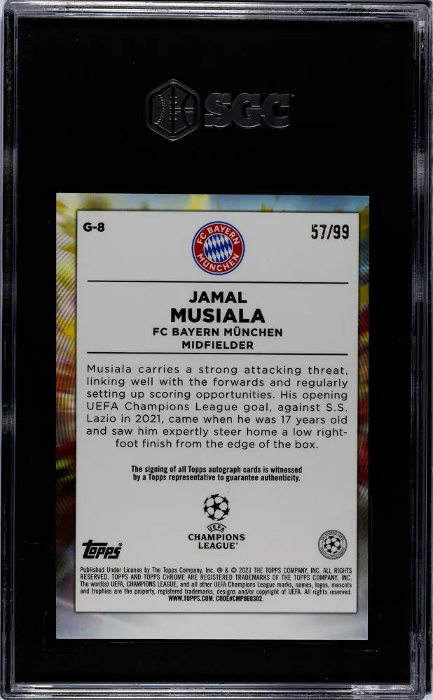 2022 Topps Chrome UCC Jamal Musiala Golazo Autograph Card SGC 9.5 Gem Mint /99 - Perfect for Soccer Collectors & Bayern Munich Fans Display
