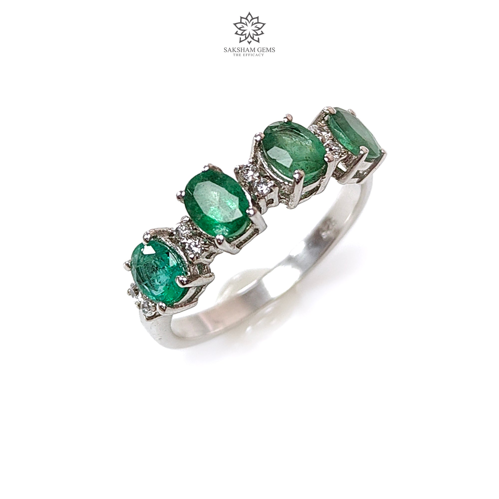 Natural Untreated Emerald Oval Faceted Cut 925 Sterling Silver Ring with CZ Prongs - Size 7.5 US (2.59g) | Elegant Jewelry for Women, Perfect Gift for Anniversary, Birthday & Special Occasions