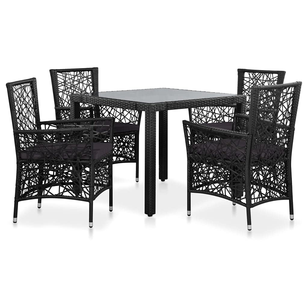 5-Piece Black Poly Rattan Outdoor Dining Set with Coffee Table & Cushions - Patio Furniture, Sectional Sofa Conversation Set for Garden, Backyard, and Poolside Relaxation