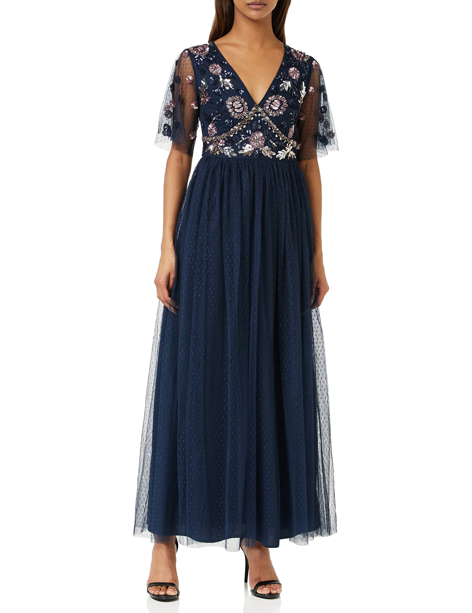 Maya Deluxe Women's Maxi Dress with Embellished Spot Mesh, A-Line V-Neck - Perfect for Wedding Guest, Bridesmaid, Prom, Ball & Special Occasions | Elegant Evening Gown for Parties & Formal Events