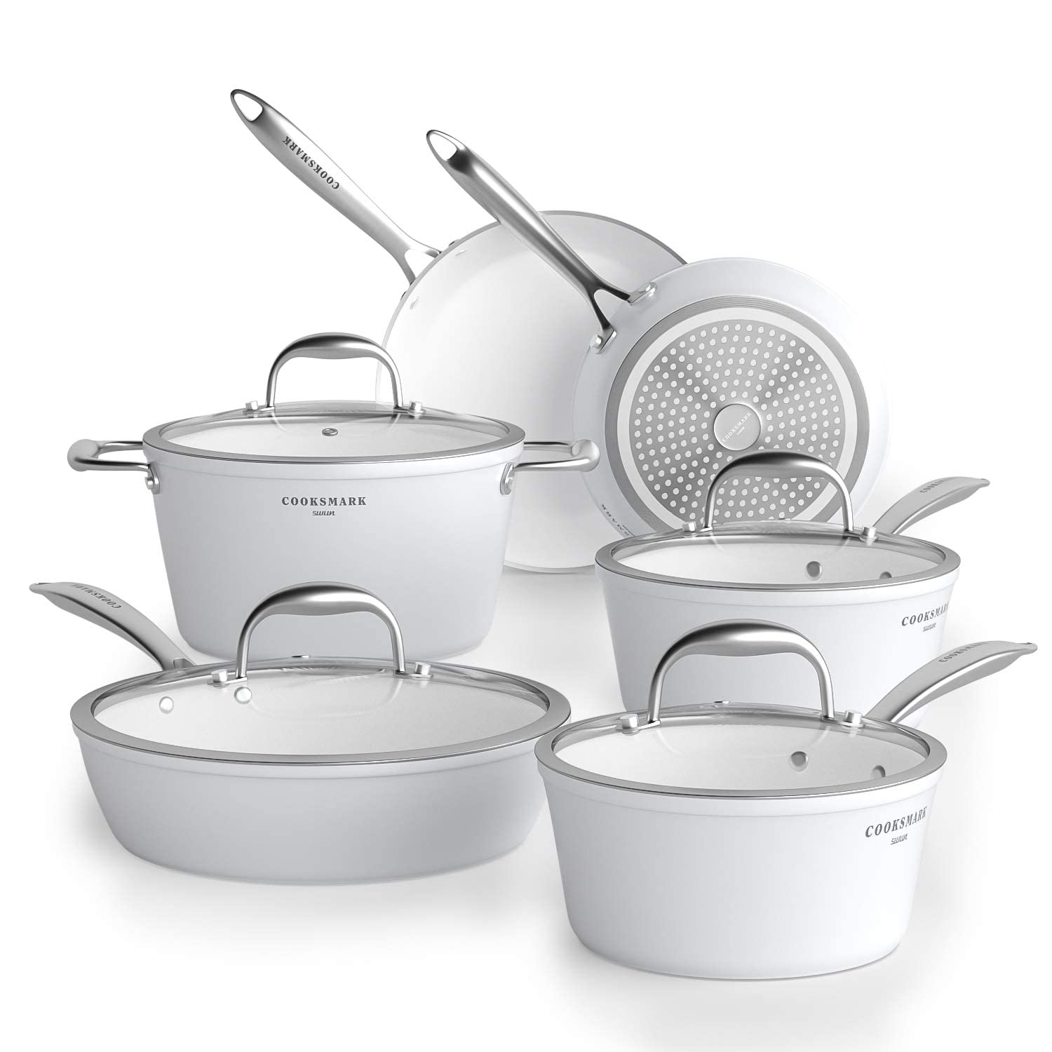 COOKSMARK 10-Piece Nonstick Ceramic Cookware Set - White Pots & Pans with Glass Lids & Stainless Steel Handles - Induction Compatible, Oven & Dishwasher Safe, Scratch-Resistant - Perfect for Everyday Cooking, Baking & Meal Prep