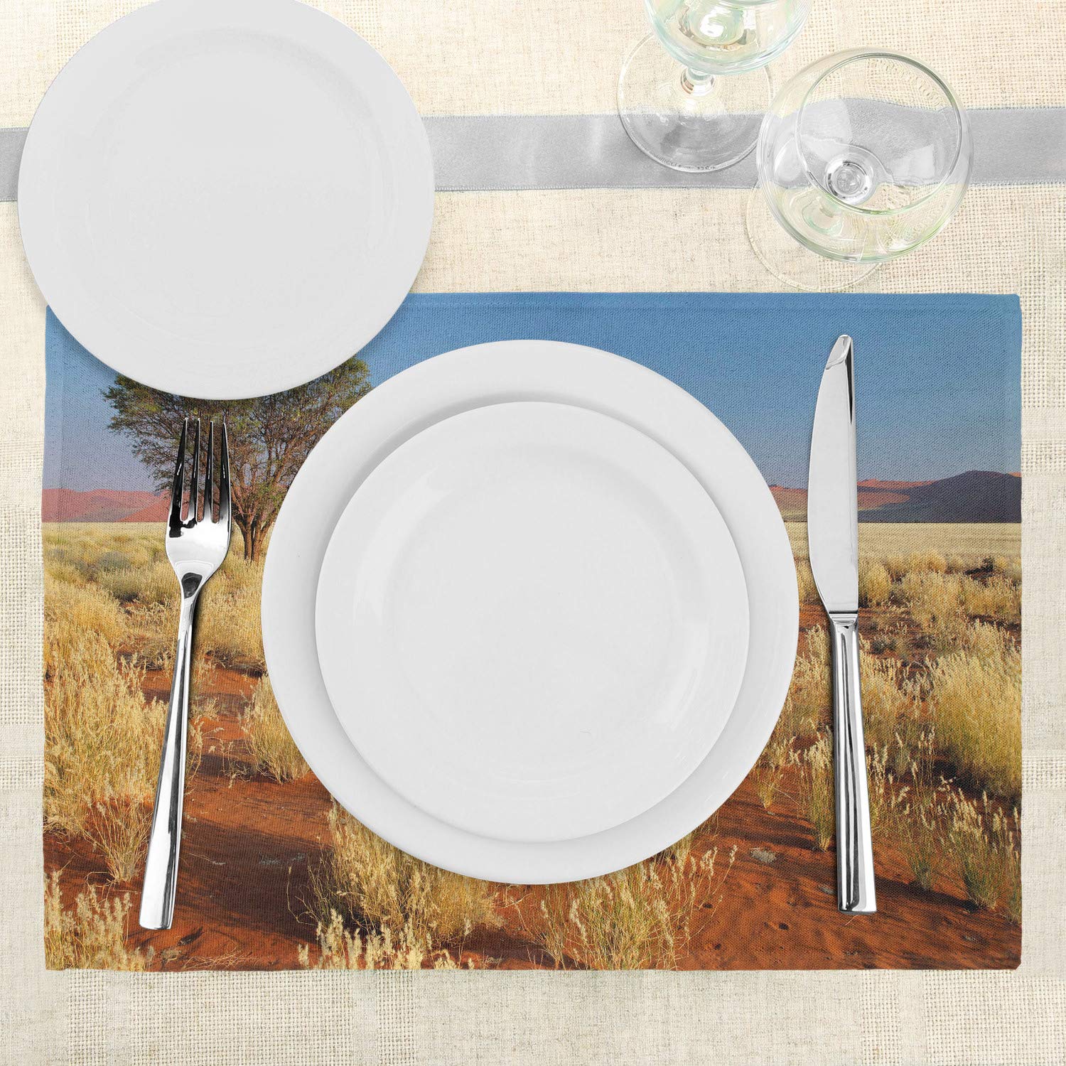 Ambesonne 4-Pack Landscape Place Mats - Tree & Desert Sossusvlei Namibia Africa Photo Print, Washable Fabric Dining Table Mats (Standard Size, Sky Blue & Marigold) - Perfect for Home Decor, Dinner Parties & Outdoor Picnics