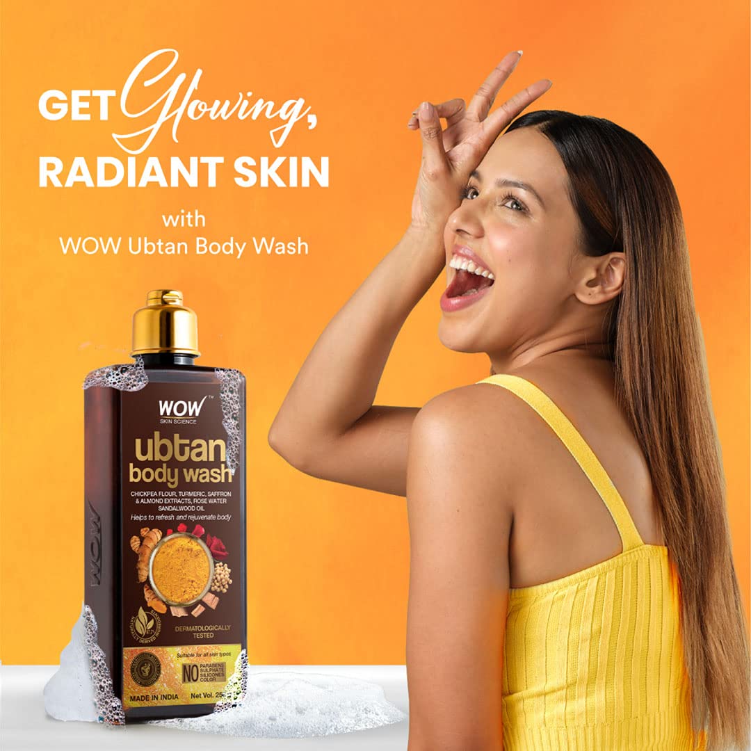 WOW Skin Science Ubtan Body Wash with Chickpea Flour, Almond Extract, Saffron & Turmeric - Natural De-Tan & Brightening Body Cleanser - Sulfate-Free, Paraben-Free, Silicone-Free - 250ml for Glowing Skin - Perfect for Daily Use & Post-Sun Care