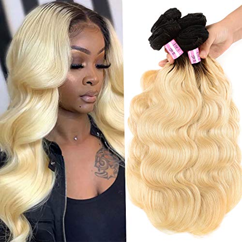 UNice 10A Ombre Blonde Body Wave Human Hair Bundles - Brazilian Remy Hair 3 Bundles with Dark Roots & 613 Honey Blonde Highlights (10