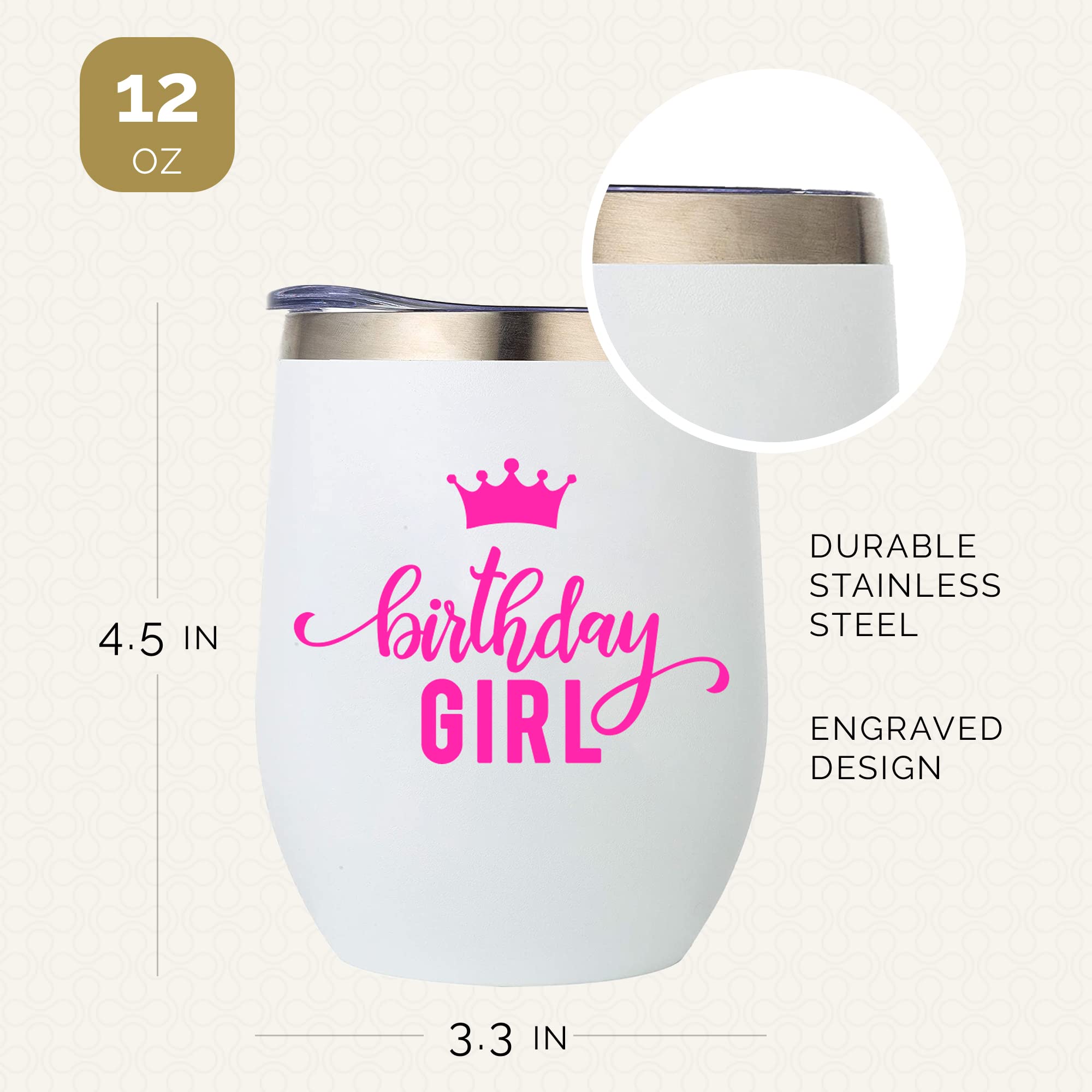 12oz Insulated Wine Tumbler for Women - Stainless Steel Birthday Cup with Lid - Perfect for Parties, Celebrations & Girls Night Out - Ideal Gift for Birthday, Bachelorette & Bridal Showers