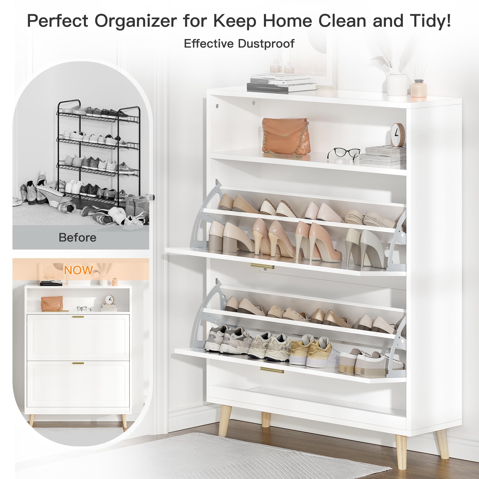 EnHomee Shoe Storage Cabinet with 2 Flip Drawers - White Entryway Organizer for Shoes, Boots & Accessories | Perfect for Hallway, Closet & Mudroom Organization