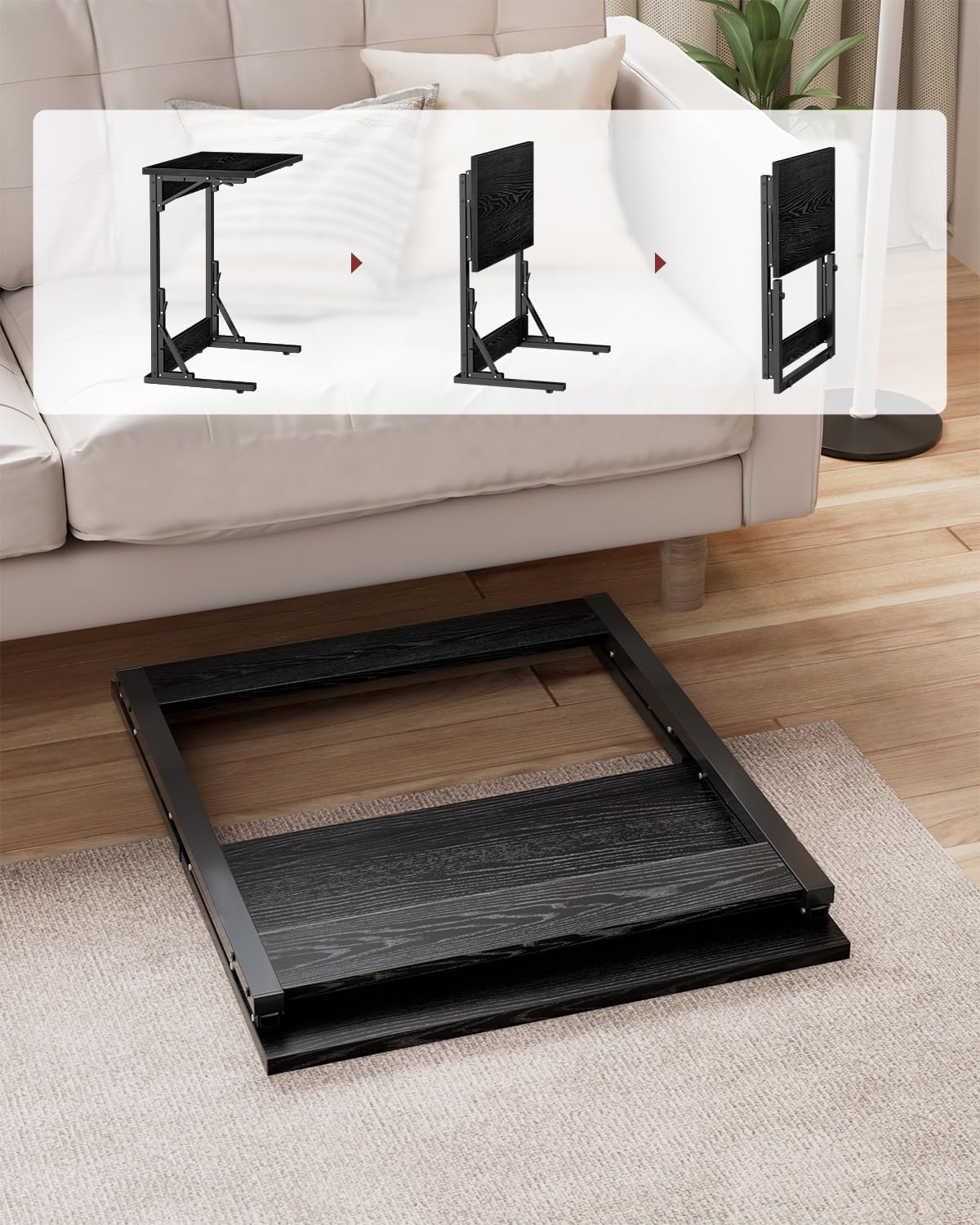 Tatub Folding TV Tray Table Set of 2 - 24 Inch Wide C-Shaped End Tables for Couches, Small Sofa-Side Laptop Desk with Sturdy Metal Frame - Perfect for Living Room, Bedroom, Office & Dorm Use - Dark Black