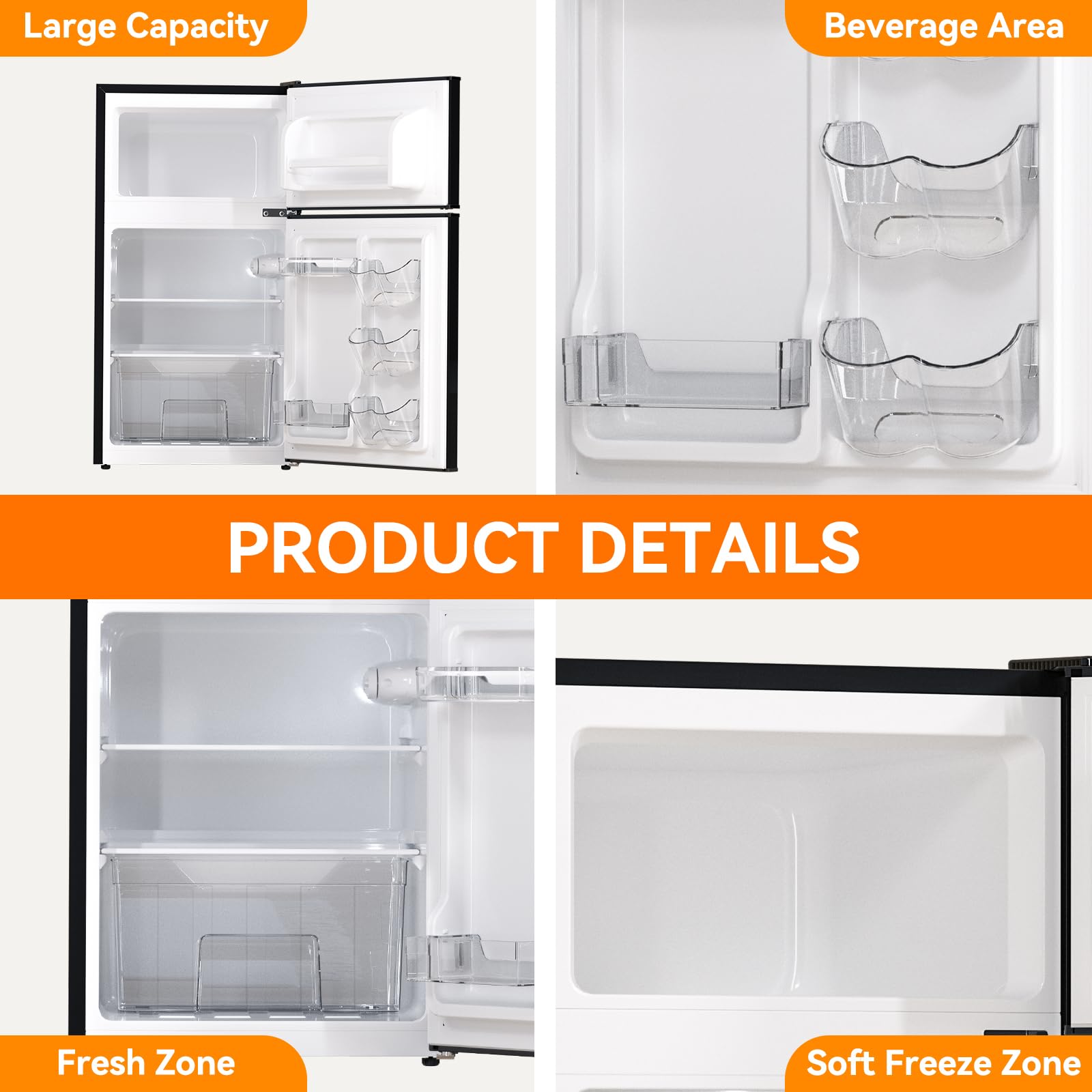Frestec 3.5 Cu.Ft Mini Fridge with Freezer - 2 Door Compact Refrigerator for Bedroom, Dorm, Office - Ultra Quiet 37dB Black Drink Cooler - Perfect for Snacks, Beverages, Cosmetics & Small Space Storage