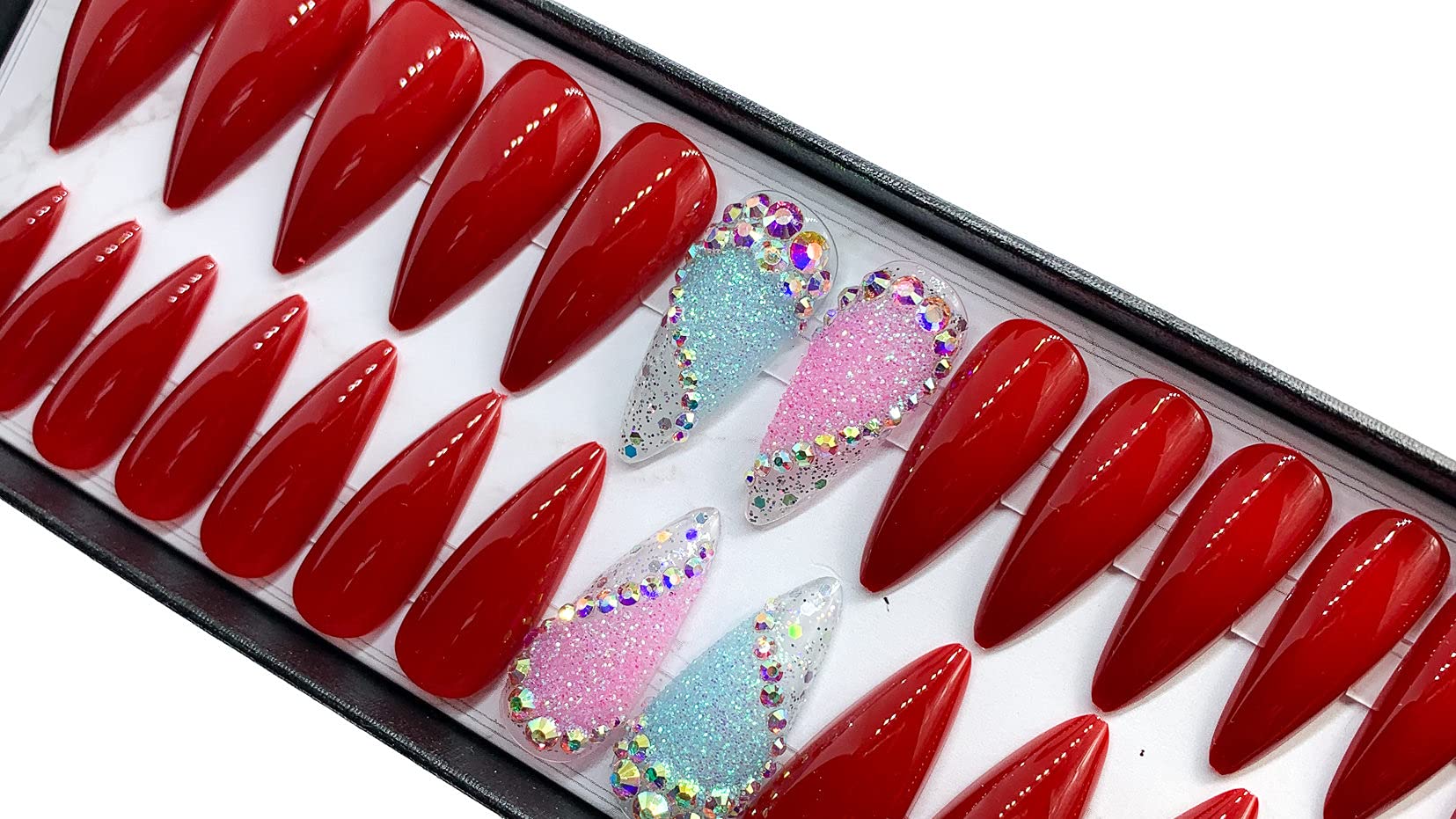 Fingxhers Acrylic Press On Nails - Red Stiletto False Nails with Glue | Long Lasting Fake Nails for Women | Perfect for Parties, Weddings & Special Occasions