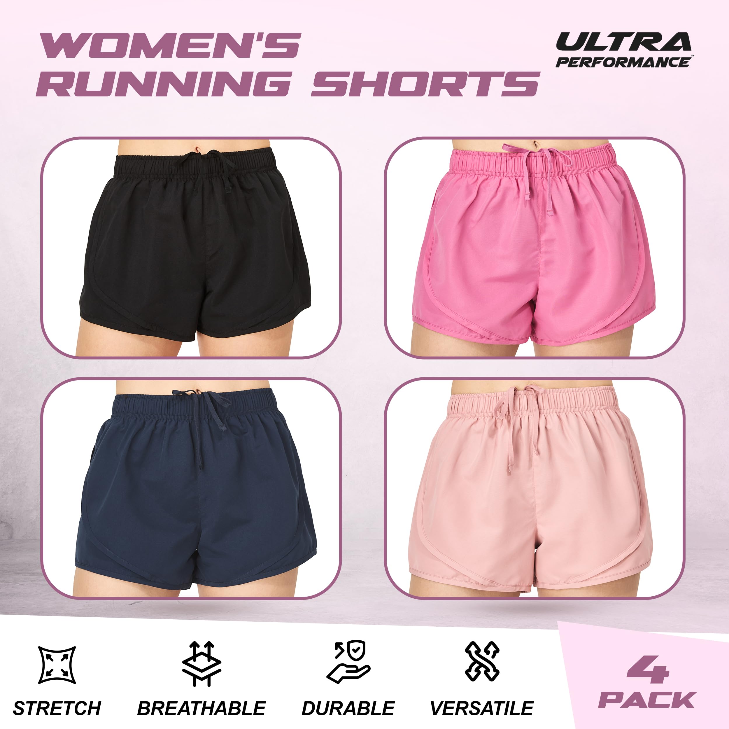 Best Women's Running Shorts 4-Pack - High Performance Athletic Gym Workout Shorts with Built-in Brief Liner - Perfect for Jogging, Yoga & Fitness Training
