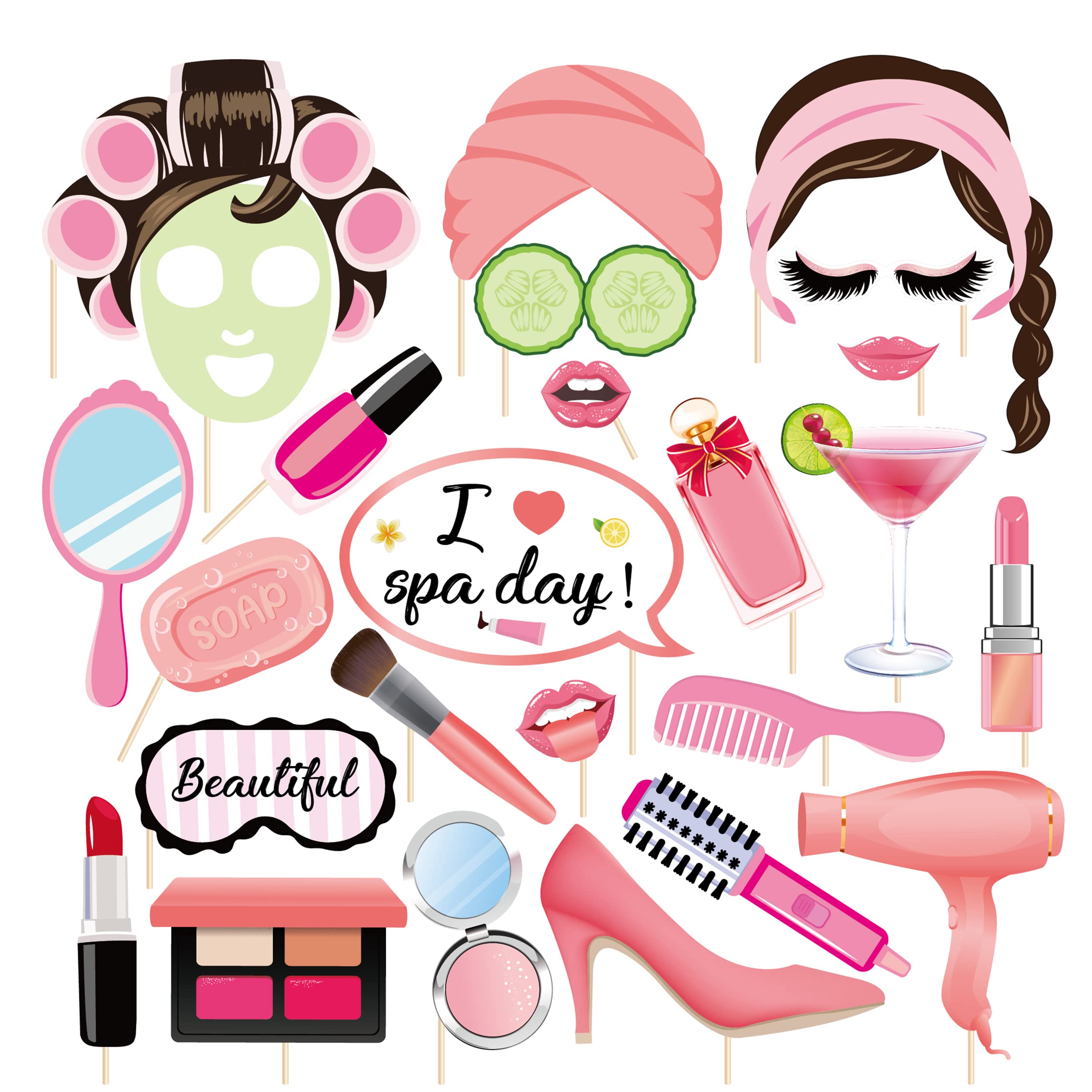25 Pcs Spa Day Photo Booth Props with Sticks - Funny Makeup Party Favors & Selfie Props for Women & Girls - Beauty Theme Birthday Party Decorations - Perfect for Spa Parties, Bachelorette Events & Girls' Night Out