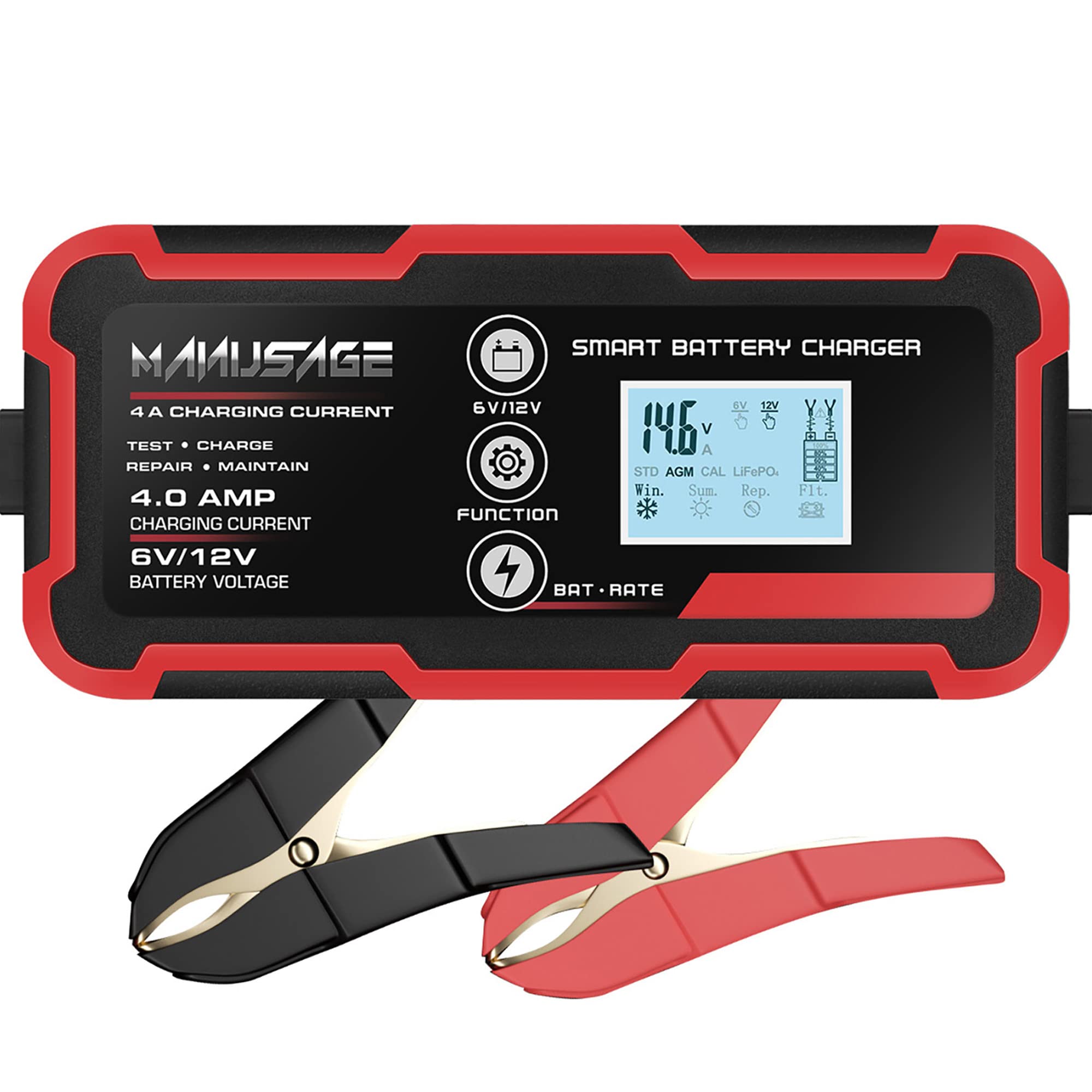 4-Amp Fully-Automatic Smart Car Battery Charger & Maintainer - 6V/12V Portable Automotive Charger with Temperature Compensation - AGM, Deep Cycle Battery Desulfator & Trickle Charger - Perfect for Cars, Motorcycles, RVs & Seasonal Vehicle Storage