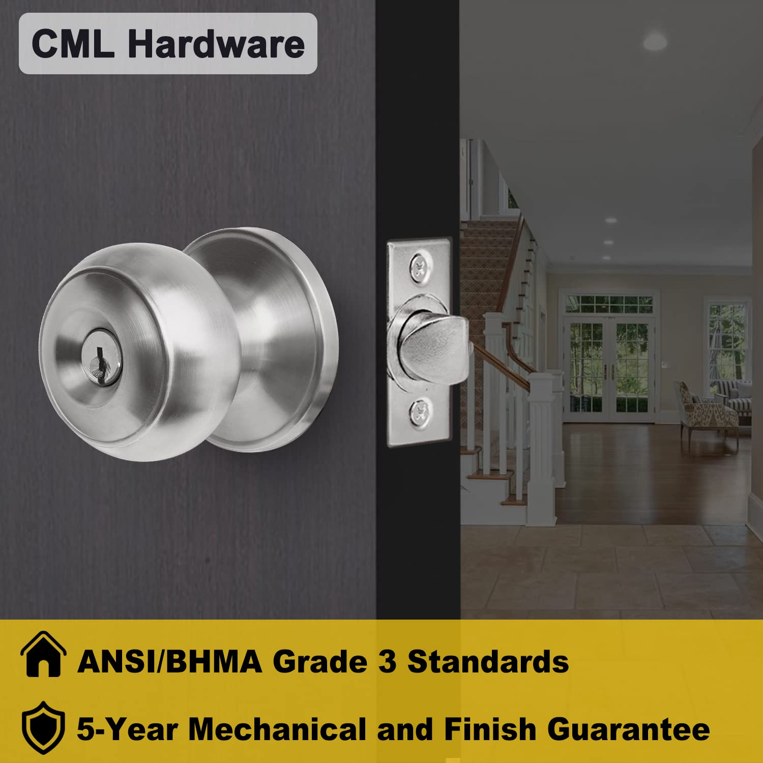 3-Pack Stainless Steel Keyed Alike Door Knob Set - Secure Entry & Front Door Locks for Home Safety