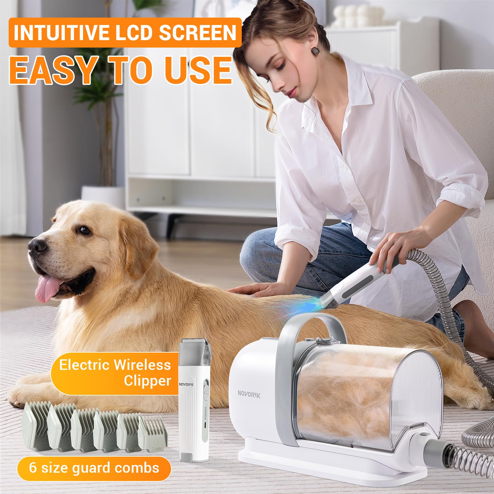 Professional Dog Hair Vacuum with Clipper - 2L Dust Cup Pet Grooming Kit | Low Noise Animal Vacuum with Grinder, Brush & Deshedding Tools | Perfect for Home Grooming & Shedding Season Care