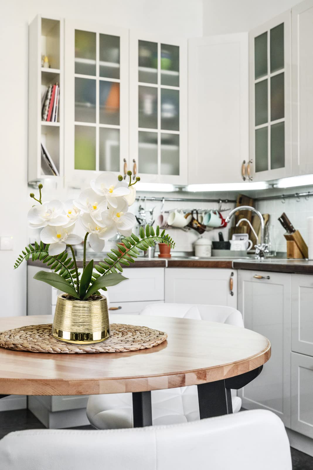 White Artificial Orchid Flowers in Gold Pot - Faux Phalaenopsis Orchid Bonsai - Elegant Fake Orchid Centerpiece for Dining Table, Wedding Decor, Home & Office Decoration