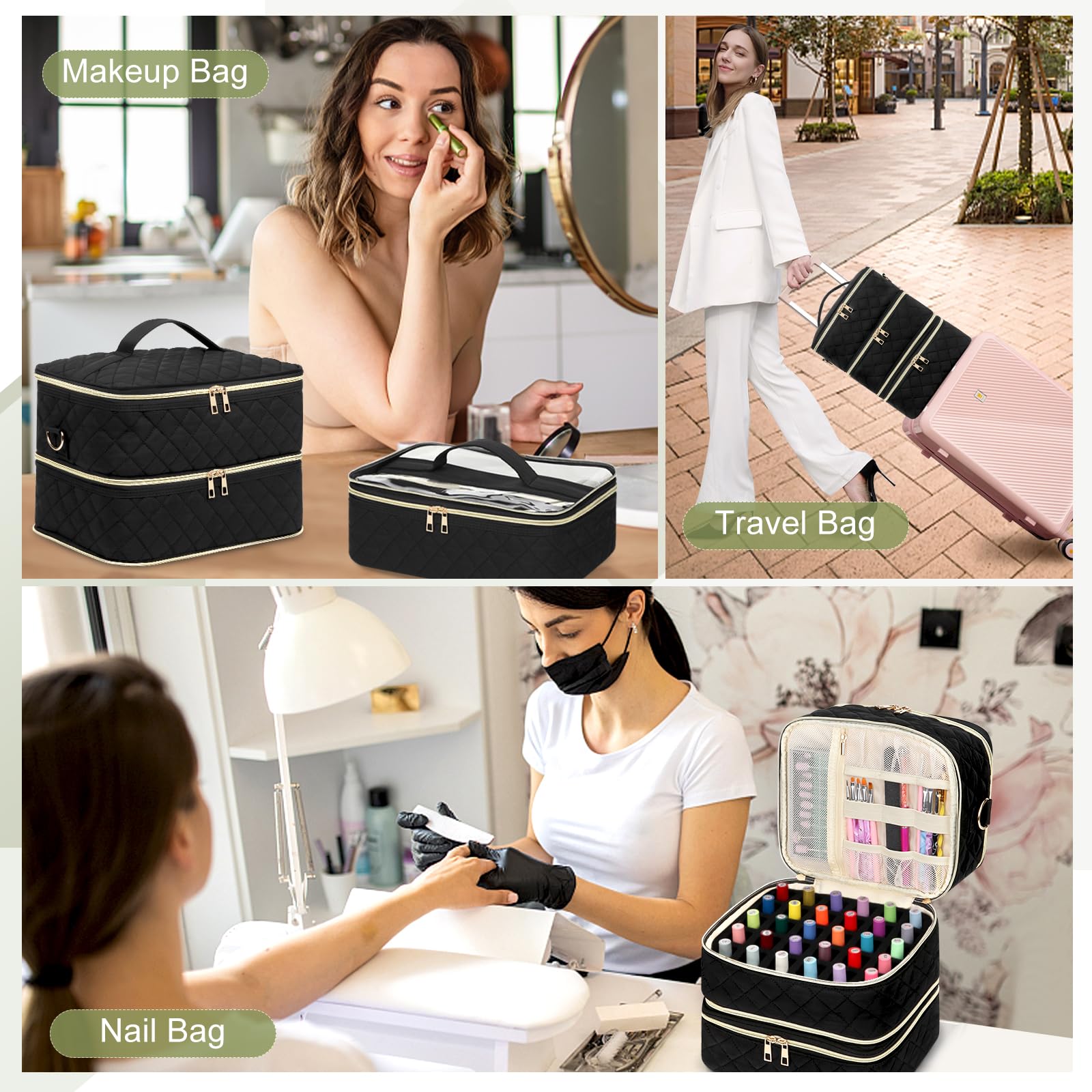 3-Tier Portable Nail Polish Organizer Case - Holds 60 Bottles & Fits Nail Lamp, Detachable Layers & Adjustable Shoulder Strap - Perfect for Salon Professionals, Home Manicures & Travel Nail Kits