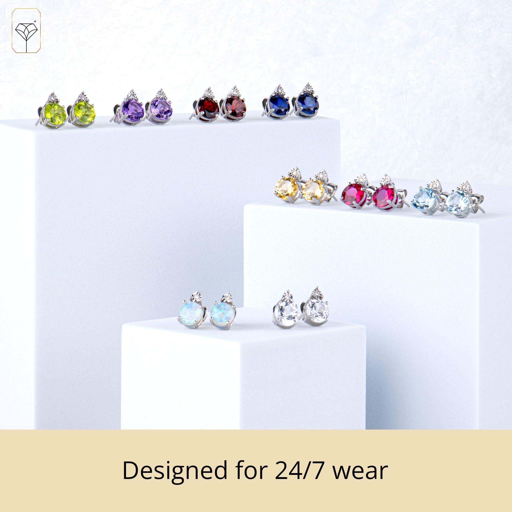925 Sterling Silver 7mm Round Gemstone & Diamond Halo Stud Earrings for Women - Birthstone Jewelry with Push Backs by MAX+STONE | Perfect Gift for Birthday, Anniversary & Special Occasions