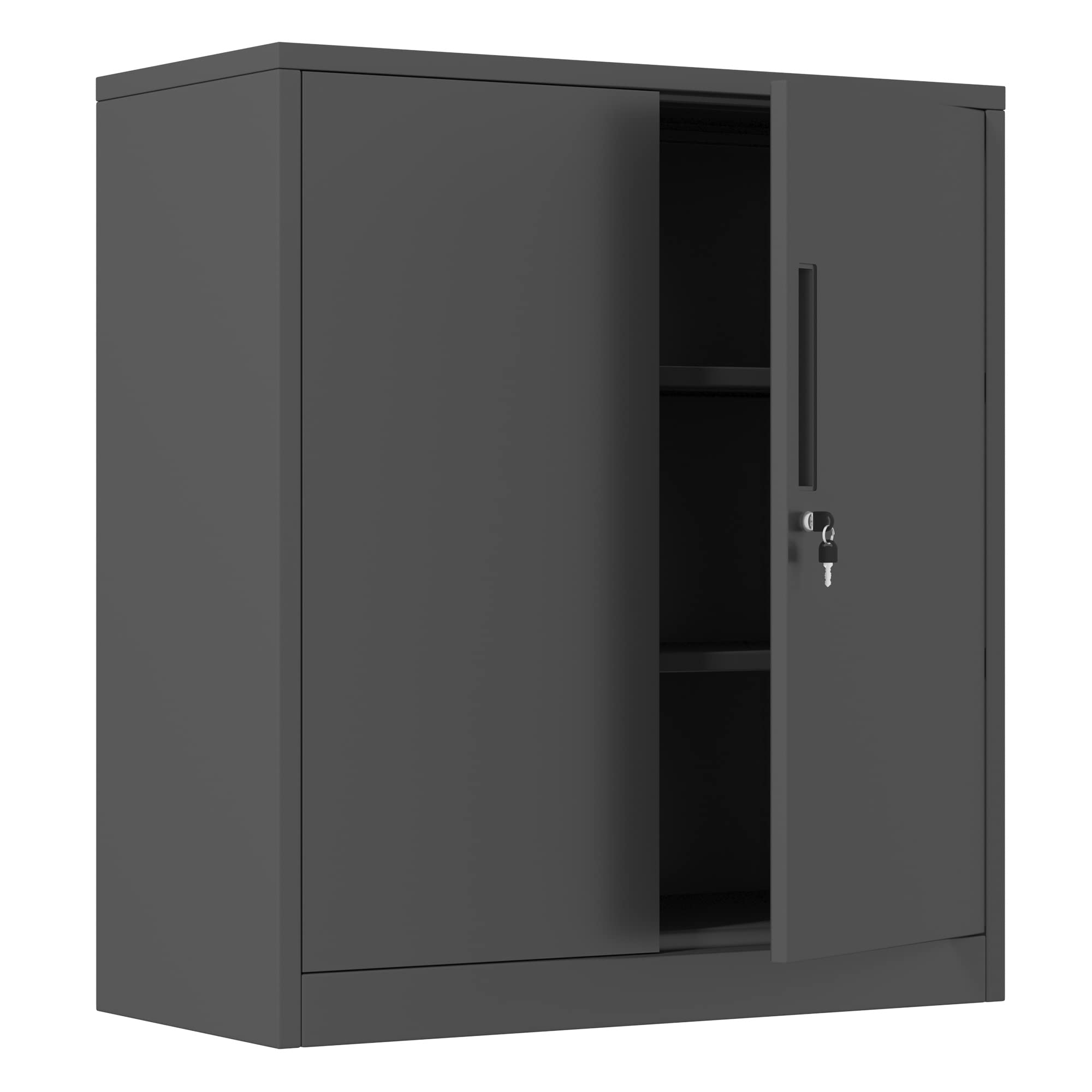 Lockable Metal Storage Cabinet with 2 Adjustable Shelves - Heavy Duty Steel Cabinet for Garage, Home Office, Workshop & Closet Organization (Black)