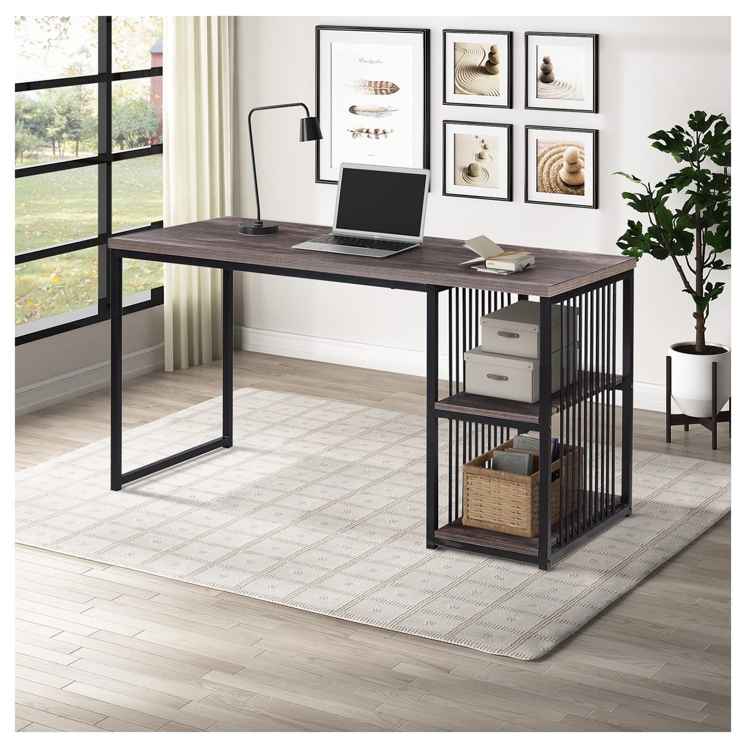 55-inch Rustic Brown Wood Computer Desk with Storage Shelves - Home Office Desk, Sofa Table & Hallway Console for Small Spaces