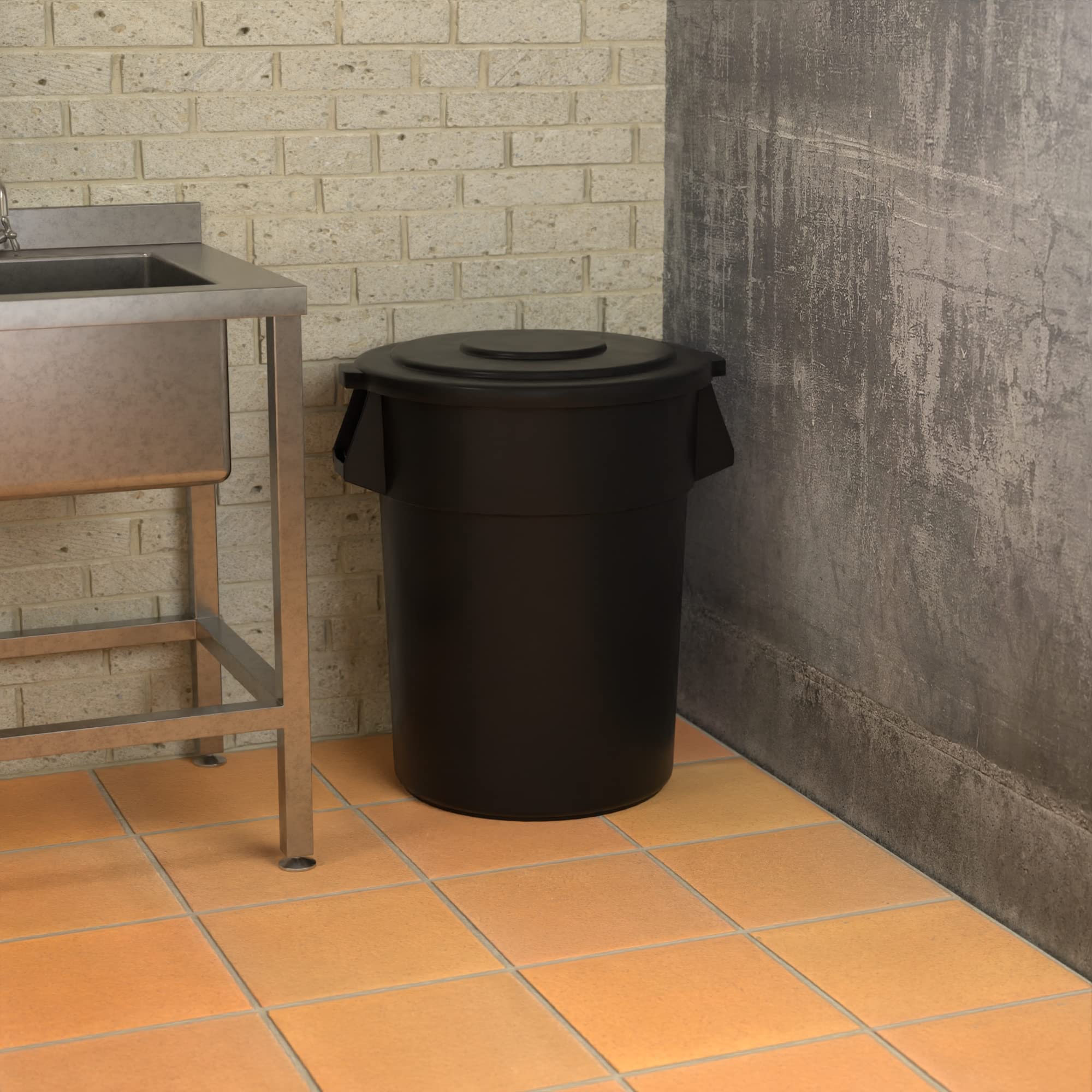 55 Gallon Black Round Commercial Trash Can with Lid - Heavy Duty Outdoor Garbage Bin for Restaurants, Offices & Schools - Durable Waste Container for High Traffic Areas
