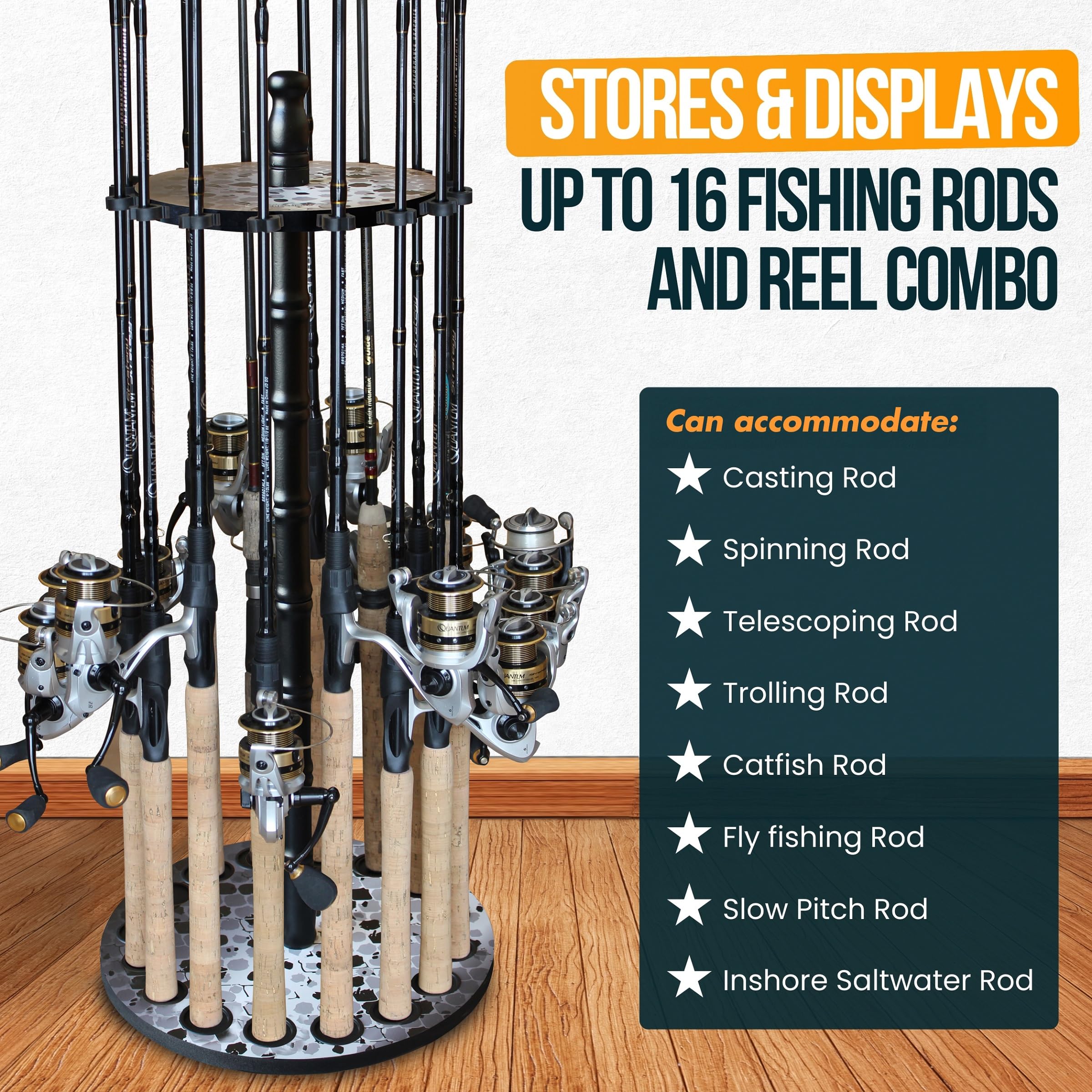 Rush Creek Creations 16-Slot Round Spinning Rod Holder for Fishing Poles, Gear & Accessories - Garage Storage Organizer for Anglers | Perfect for Boat, Garage & Tackle Room Organization
