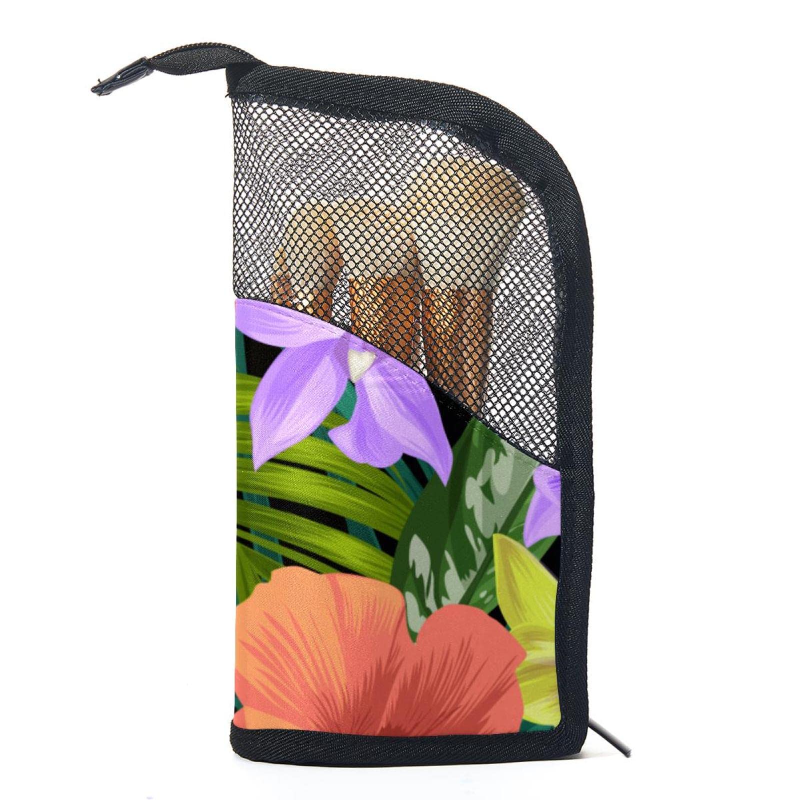 12-Piece Makeup Brush Organizer Bag with Tropical Floral Design - Portable Cosmetic Brush Holder Case for Travel & Home Vanity Organization