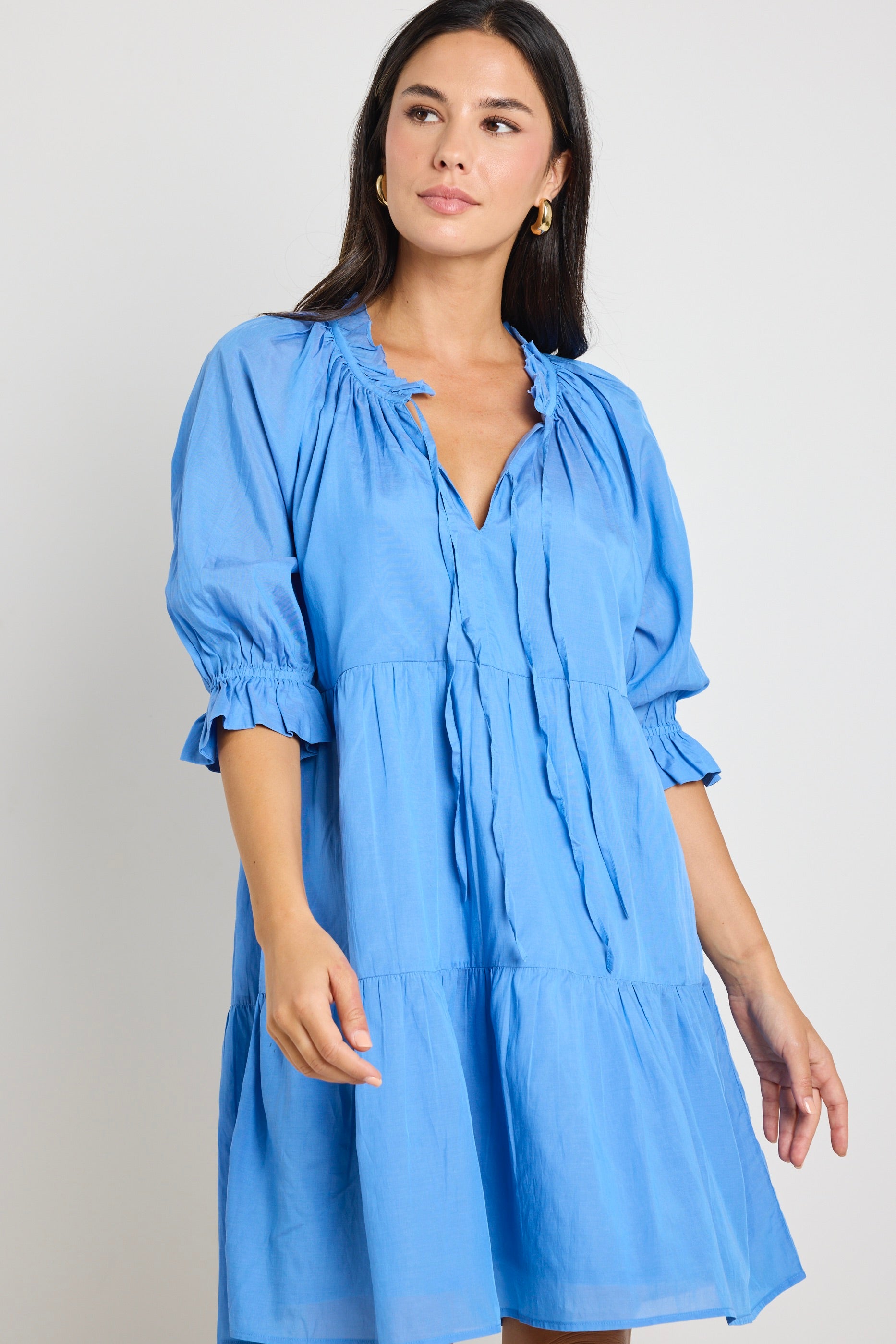 Blue Cotton Voile Short Sleeve Tie Front Mini Shift Dress for Women | Casual Summer Dress for Beach, Party & Everyday Wear