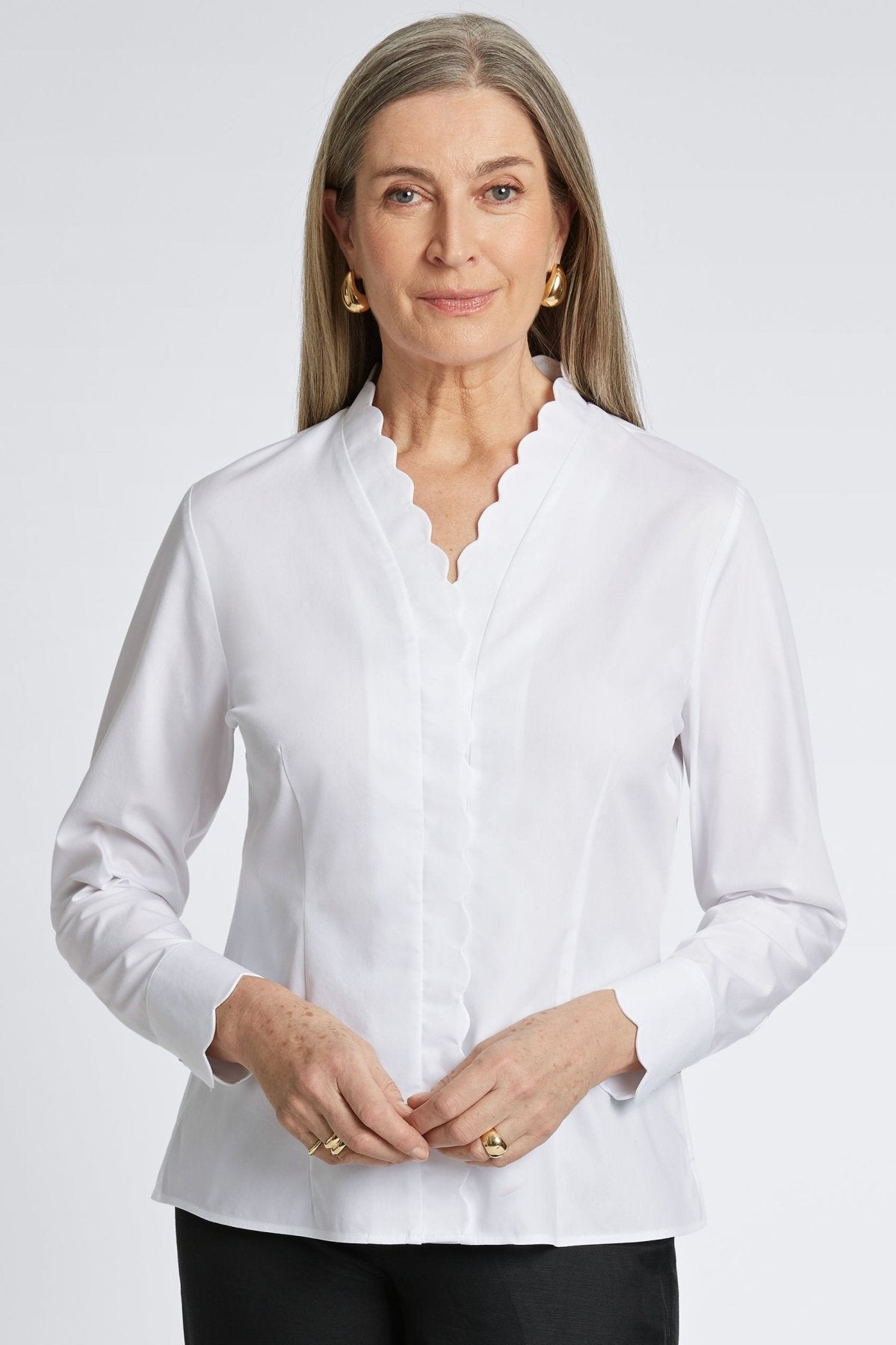 Bridget Stretch Matte Sateen No Iron Long Sleeve Shirt for Women - Wrinkle-Free Business Casual Blouse for Office, Travel & Everyday Wear