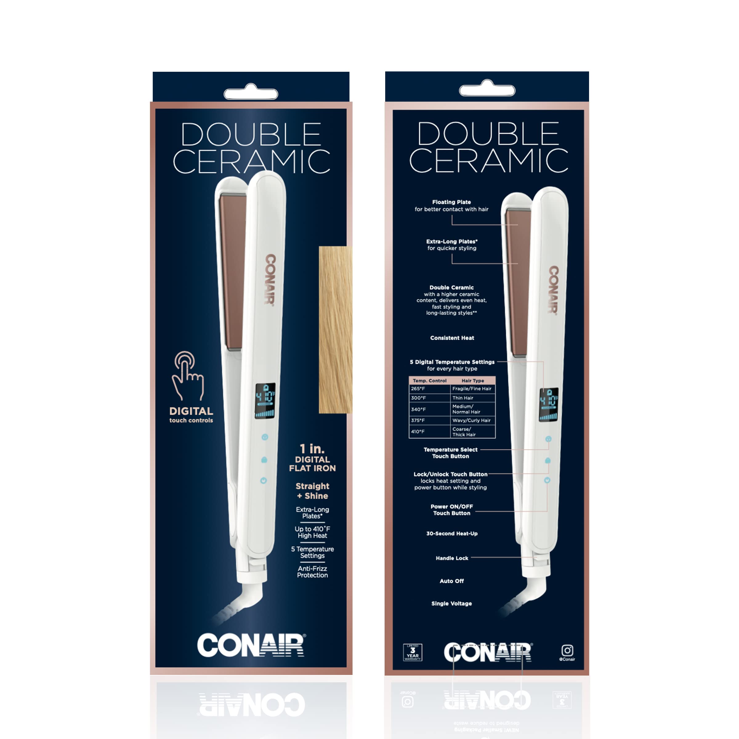 Conair 1-Inch Digital Double Ceramic Flat Iron for Hair Straightening - Professional Styling Tool for Smooth, Shiny Hair at Home or Salon