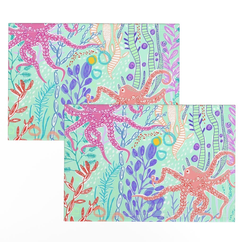 Linen Cotton Canvas Placemats Set of 2 - Octopus Garden Ocean Beach Nautical Summer Print Table Mats for Dining Decor, Kitchen, and Outdoor Picnics