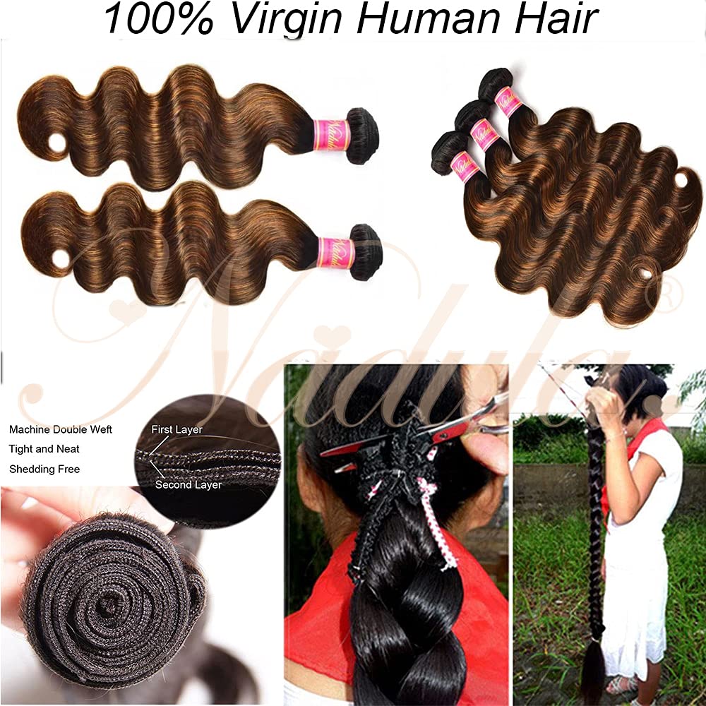 Nadula 12A Grade Brazilian Human Hair Bundles - 100% Unprocessed Virgin Hair, Brown Balayage Body Wave (10