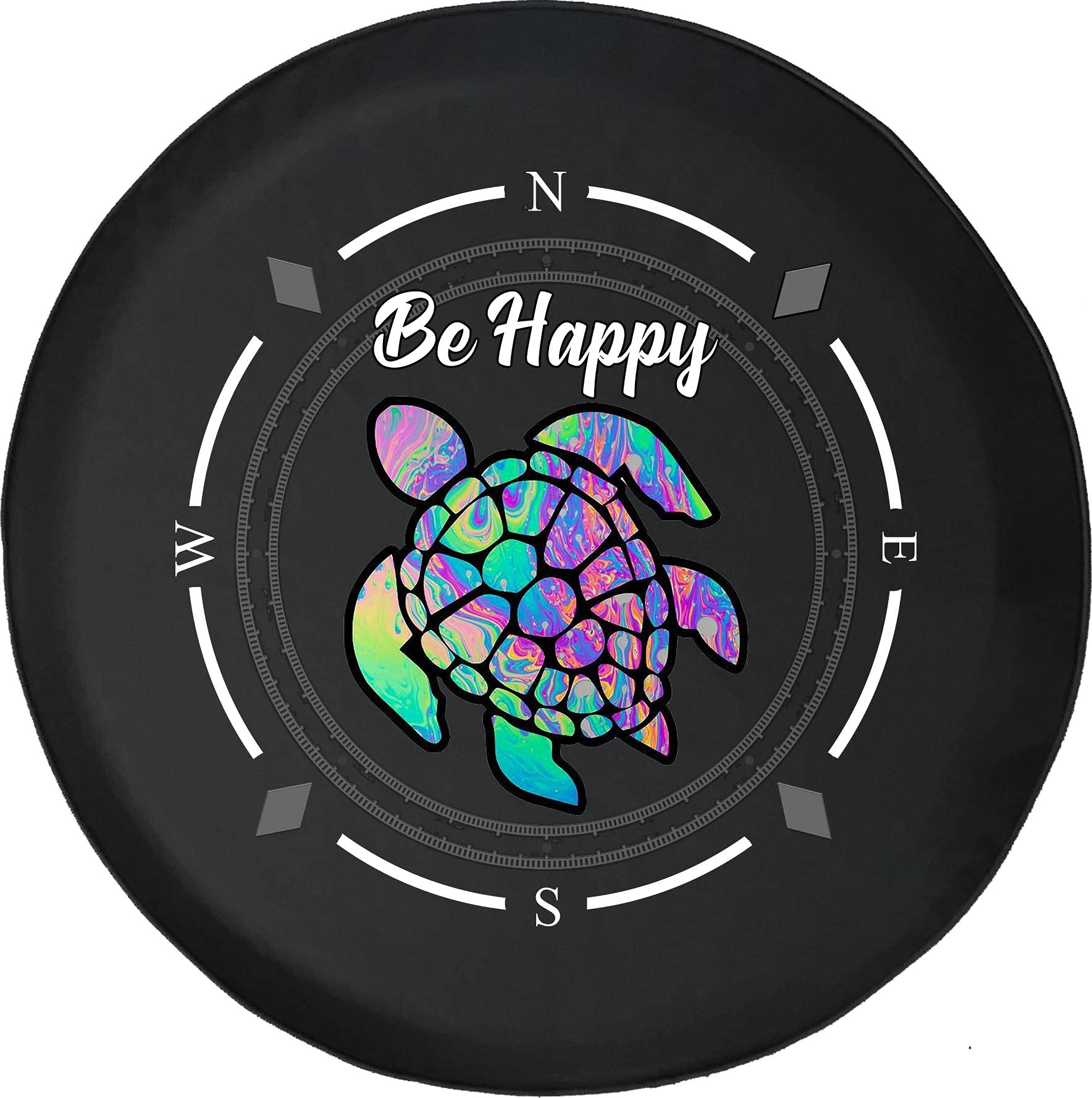 American Unlimited Spare Tire Cover with Compass & 'Be Happy' Tie Dye Sea Turtle Design - Universal Fit for SUV, Trailer, RV & Most Vehicles | Waterproof & UV-Resistant for Outdoor Adventures & Road Trips