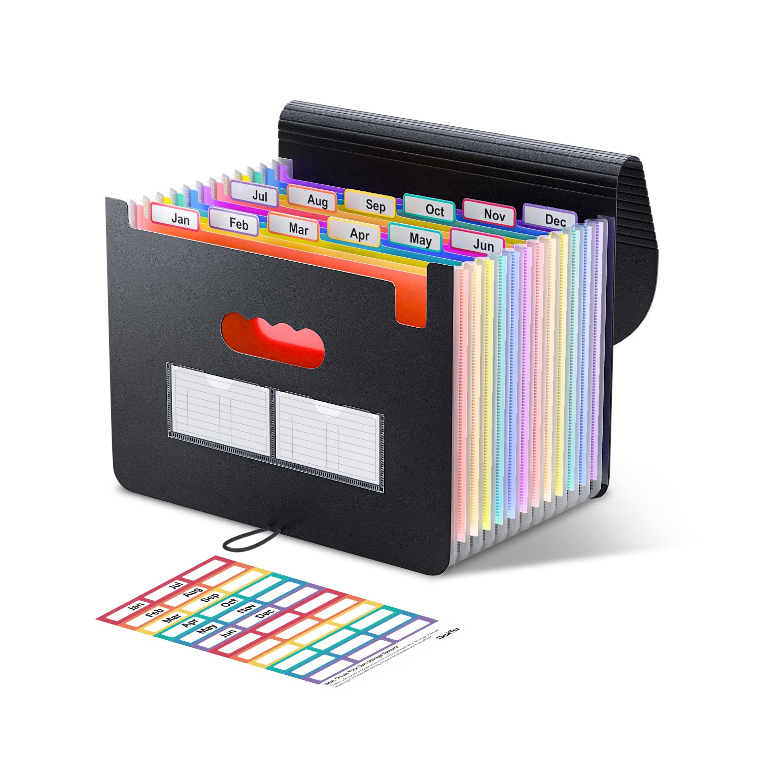 ThinkTex 12-Pocket Accordion File Organizer - Expanding Document Folder for Receipts, Bills & Taxes - Letter/A4 Size Paper Holder with Colorful Tabs - Perfect for School, Office & Home Organization (Black)