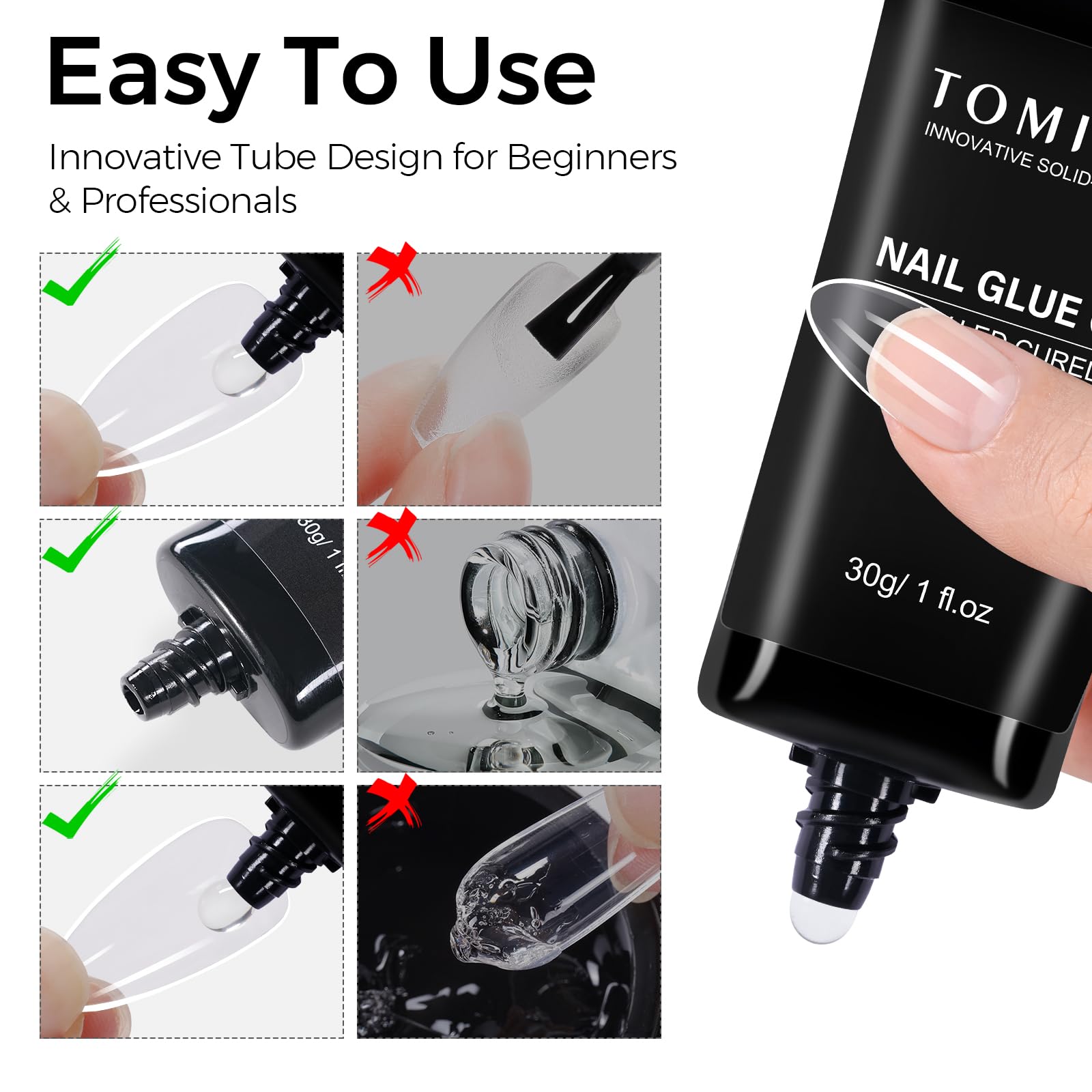 TOMICCA UV Nail Glue - 4 in 1 Strong Gel Nail Adhesive for Artificial Nails & Tips (30g) - Requires UV/LED Lamp Curing - Perfect for Salon, Home Manicures & Nail Extensions