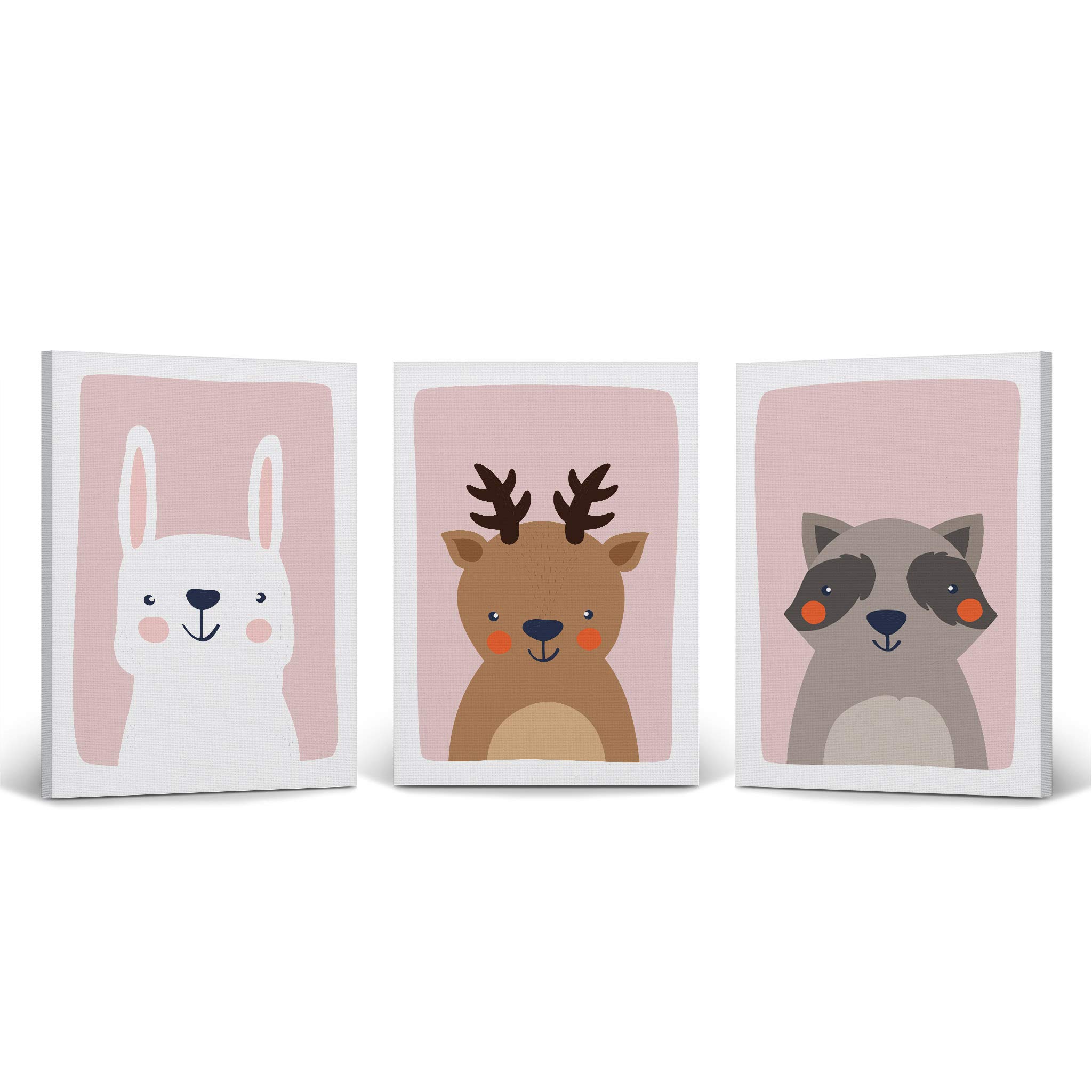 Adorable Rabbit Deer Raccoon Canvas Wall Art Set - 3 Piece Nursery Decor with Pink Background for Kids Room, Baby Boy & Girl Bedroom - Ready to Hang 36x24 Inch Wall Art Made in USA | Perfect for Children's Room Decor, Playroom & Nursery Wall Decor - Ideal for Birthday Gifts, Baby Showers & Home Decoration | Great for Bedroom Wall Decor, Daycare Centers & Gender Reveal Parties