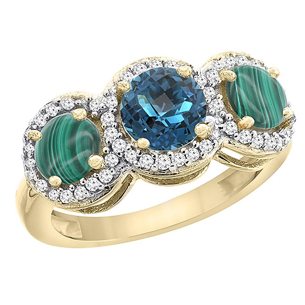 14K Yellow Gold Natural London Blue Topaz & Malachite Round 3-Stone Ring with Diamond Accents - Size 5-10 | Elegant Wedding, Engagement & Anniversary Jewelry Gift for Women