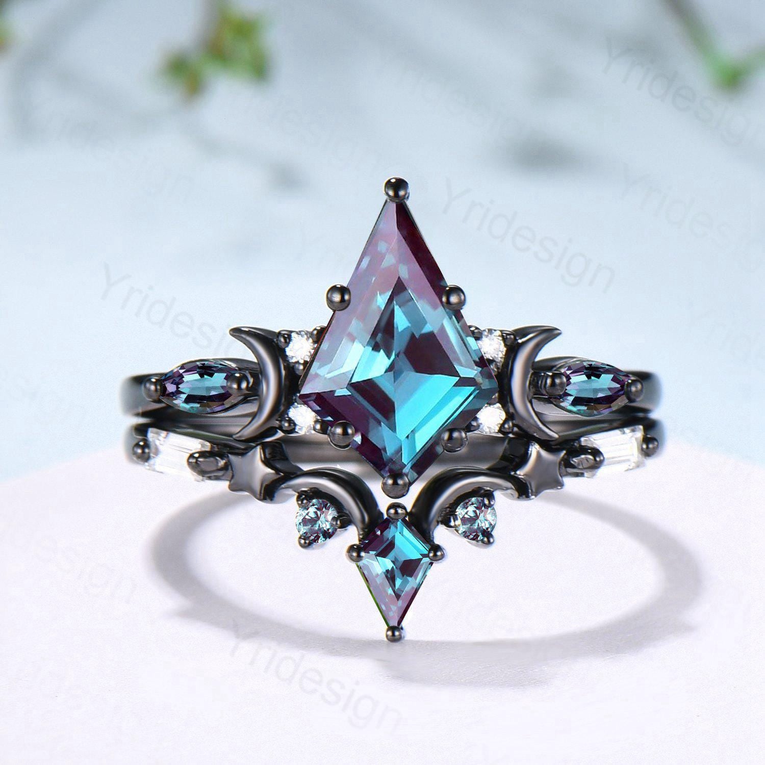 Black Gold Kite Cut Alexandrite Engagement Ring Set | Crescent Moon Star Color Change June Birthstone Ring | Unique Gothic Bridal Ring Set for Women | Perfect for Weddings, Anniversaries & Special Occasions