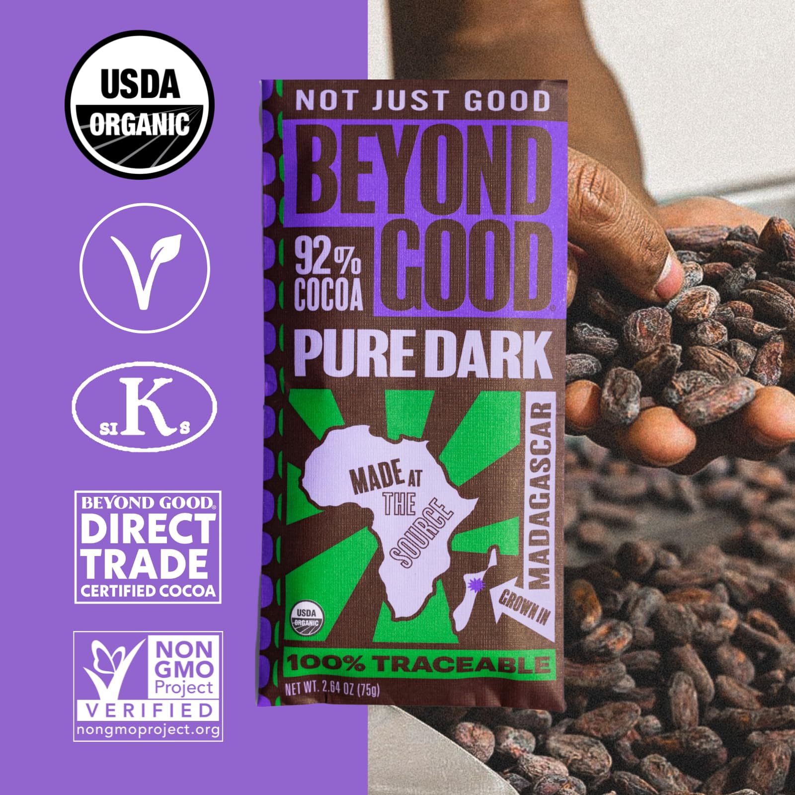 Beyond Good Organic Dark Chocolate Bars 12 Pack | Single Origin Uganda 92% Dark Chocolate | Vegan, Kosher, Non-GMO, Direct Trade | Perfect for Gifts, Baking & Healthy Snacking