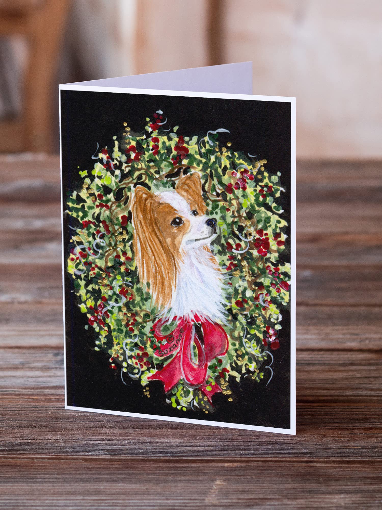 Caroline's Treasures SS8953GCA7P Christmas Wreath Papillon Blank Greeting Cards - Pack of 8 A7 Size 5x7 Note Cards with Envelopes | Holiday Cards, Christmas Party Invitations, Seasonal Greetings