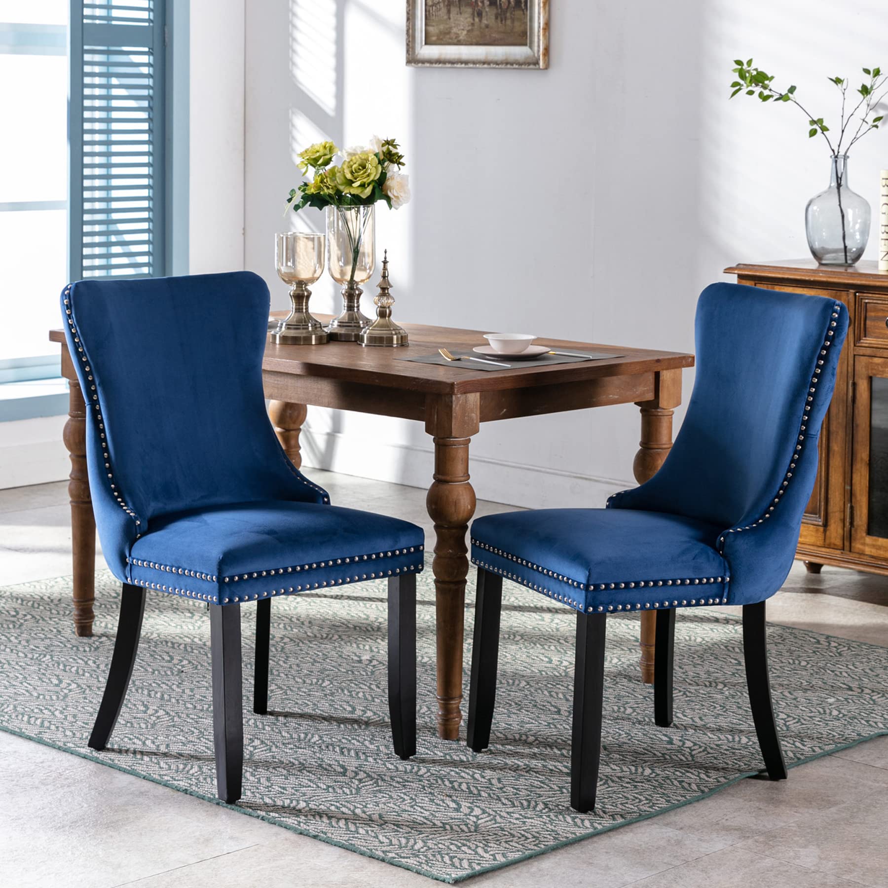 Velvet Upholstered Dining Chairs Set of 2 - Wingback Kitchen Accent Chairs with Solid Wood Legs, Nailhead Trim & Button Tufted Back - Stylish Luxury Blue Upholstery for Dining Room, Living Room & Home Decor