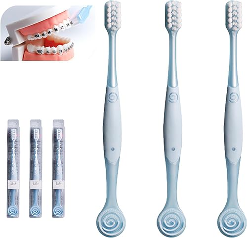 V-Shaped Orthodontic Toothbrush for Braces - Soft Bristles for Sensitive Teeth & Delicate Gums - Kids/Teens/Adults - Includes Tongue Cleaner - Blue (3 Pack) - Perfect for Daily Oral Care & Travel