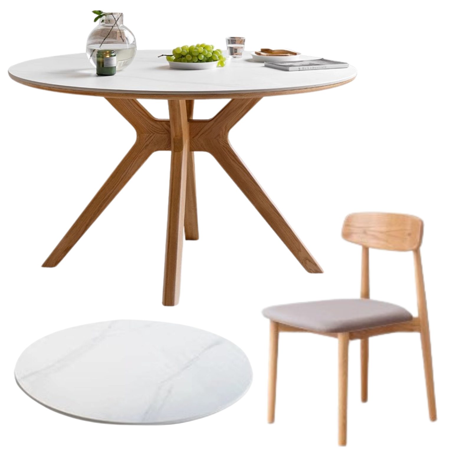 Solid Oak Wood Round Nordic Dining Table with Rock Slab Surface - Modern Farmhouse Kitchen & Dining Room Furniture for Family Gatherings