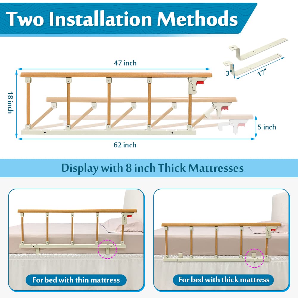 Mybow Bed Rails for Elderly Adults - Adjustable Safety Guard Rails for Seniors & Hospital Use | 47x18 Inch Swing Down Handrail | Fall Prevention Assist Bar for Beds | Ideal for Home Care & Medical Facilities