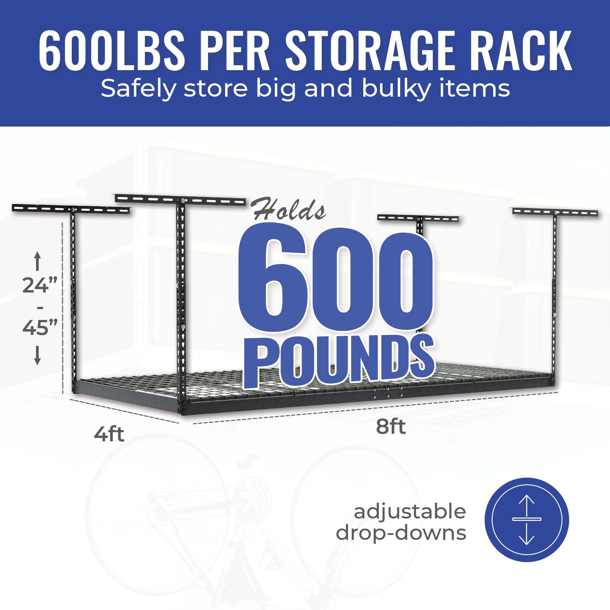 Heavy Duty Overhead Garage Storage Rack - 600 lb Capacity Adjustable Ceiling Mount Organizer (4x8 Hammertone, 24