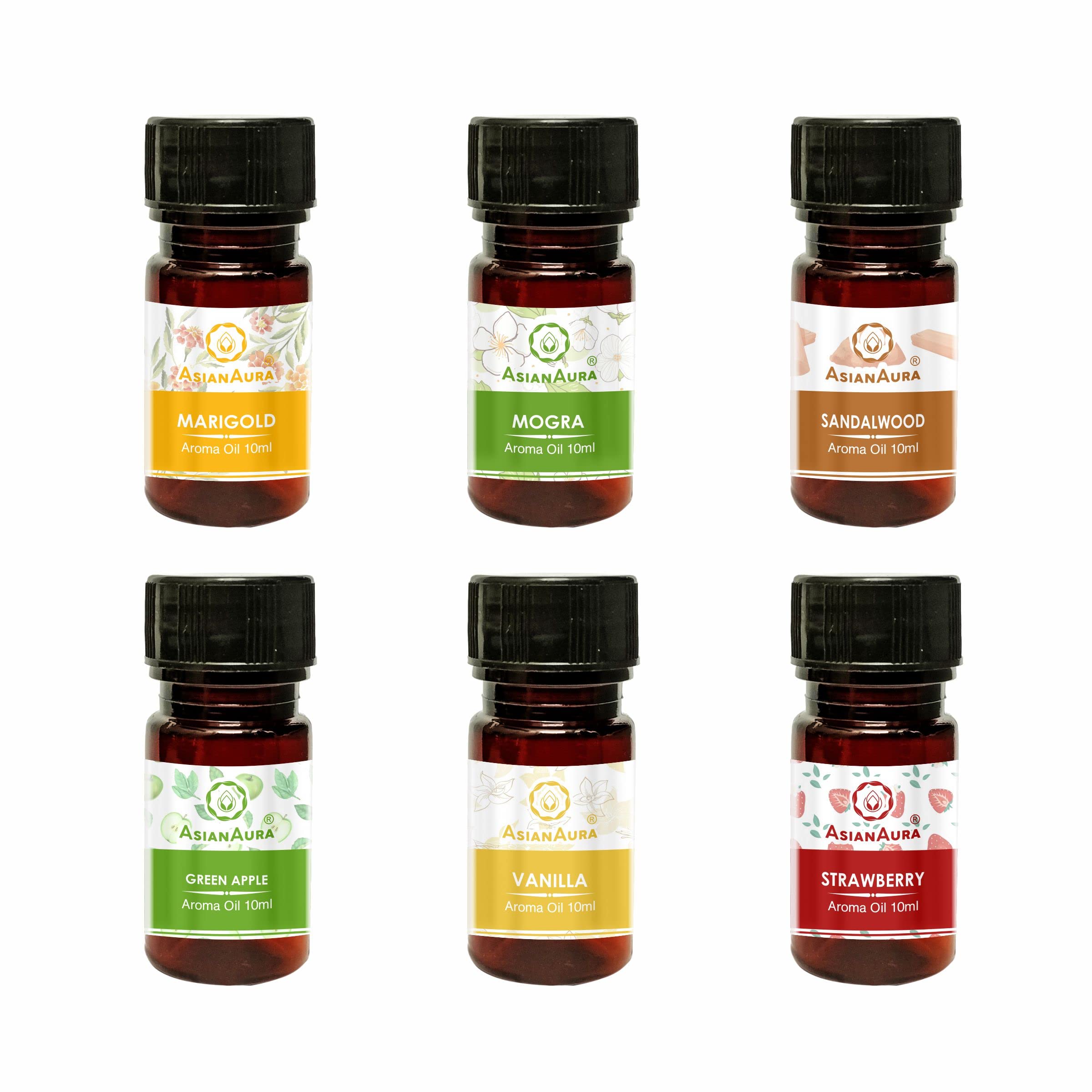 Premium Asian Aroma Essential Oil Set - 6 Pack (10ml Each) for Candle Warmers & Electric Diffusers | Marigold, Mogra, Sandalwood, Green Apple, Vanilla, Strawberry Scents | Home Fragrance Oil for Relaxation, Yoga & Aromatherapy